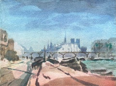 French Impressionist Watercolor of view of Notre-Dame Overlooking the Seine