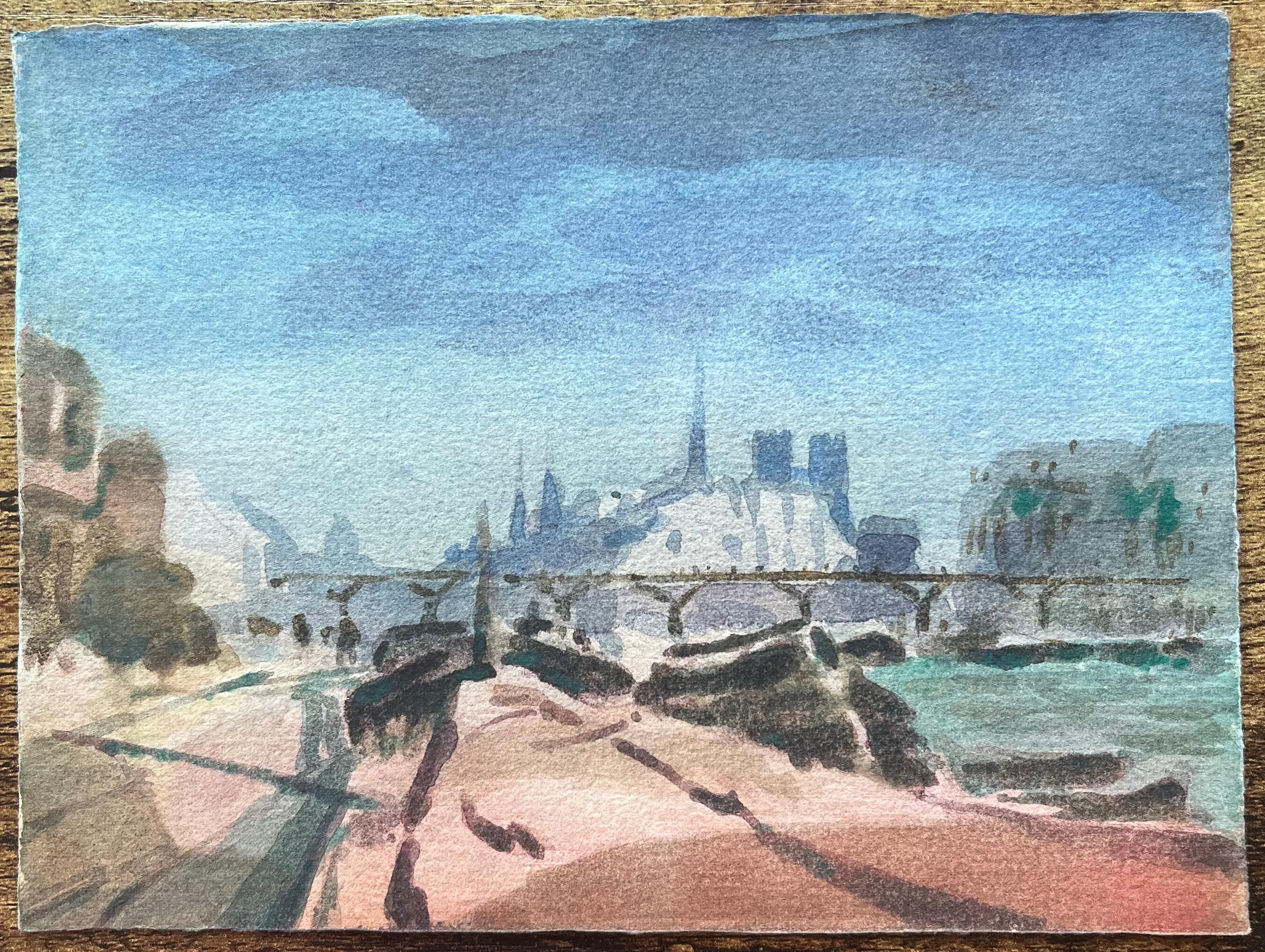 French Impressionist Watercolor of view of Notre-Dame Overlooking the Seine - Art by Maurice Mazeilie