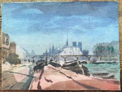 Aquarelle impressionniste française d'une vue de Notre-Dame donnant sur la Seine
