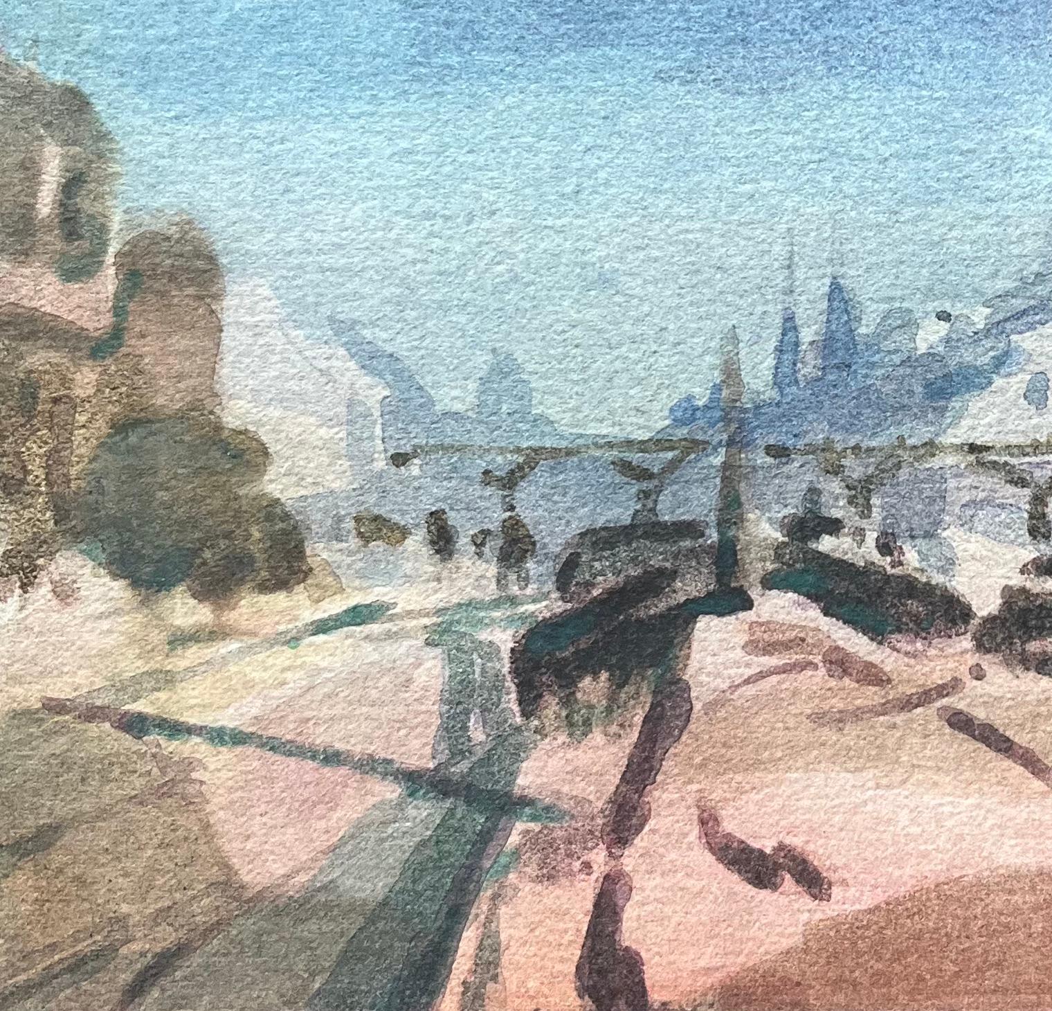 French Impressionist Watercolor of view of Notre-Dame Overlooking the Seine - Blue Landscape Art by Maurice Mazeilie