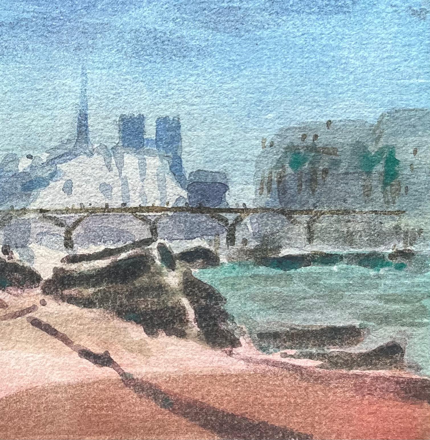 Title: French Impressionist Watercolor of view of Notre-Dame Overlooking the Seine
By Maurice Mazeilie (French 1924-2021)
Medium: Watercolor on paper, unframed
Size: 5.75 x 7.5 inches (Height x Width)
Signed: Yes
Condition: Good, with signs of