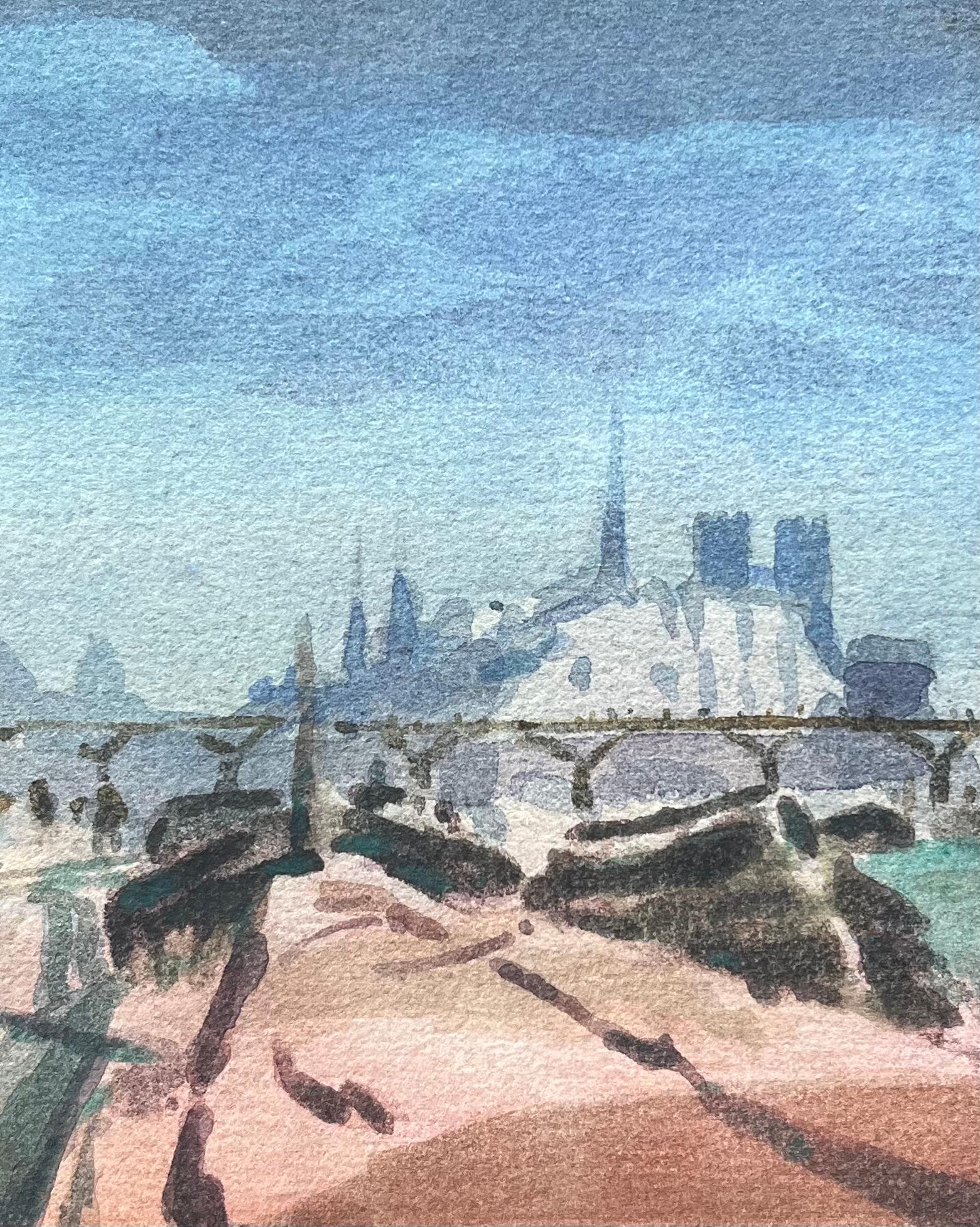 French Impressionist Watercolor of view of Notre-Dame Overlooking the Seine For Sale 1