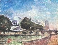 Acuarela Impresionista Francesa de Vista de las Riberas de París con Puente
