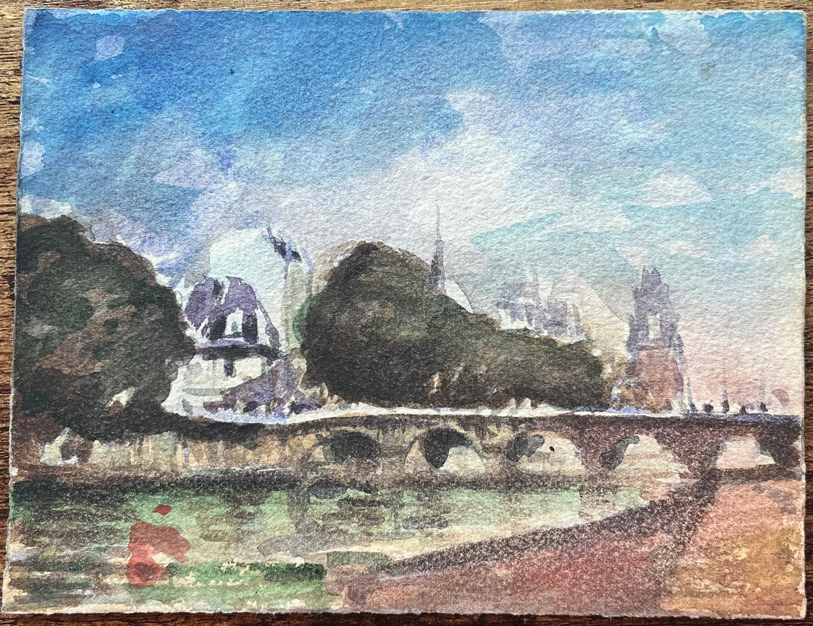 Aquarelle impressionniste française d'une vue des rives de Paris avec pont - Impressionnisme Art par Maurice Mazeilie