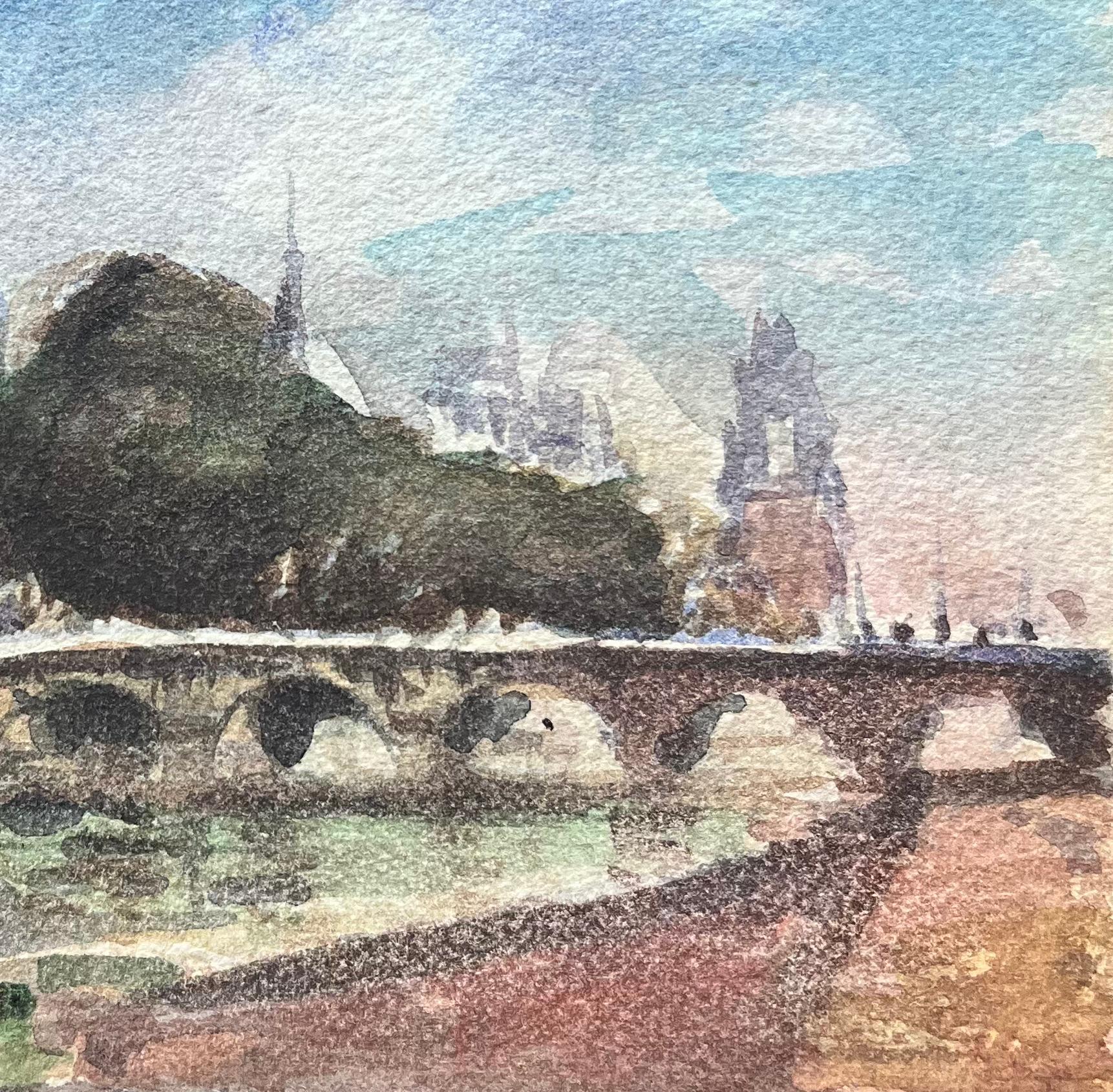 Aquarelle impressionniste française d'une vue des rives de Paris avec pont en vente 1