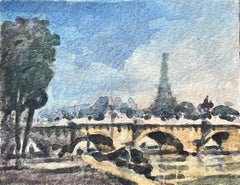 Acquerello impressionista francese raffigurante una veduta della Silhouette della Torre Eiffel