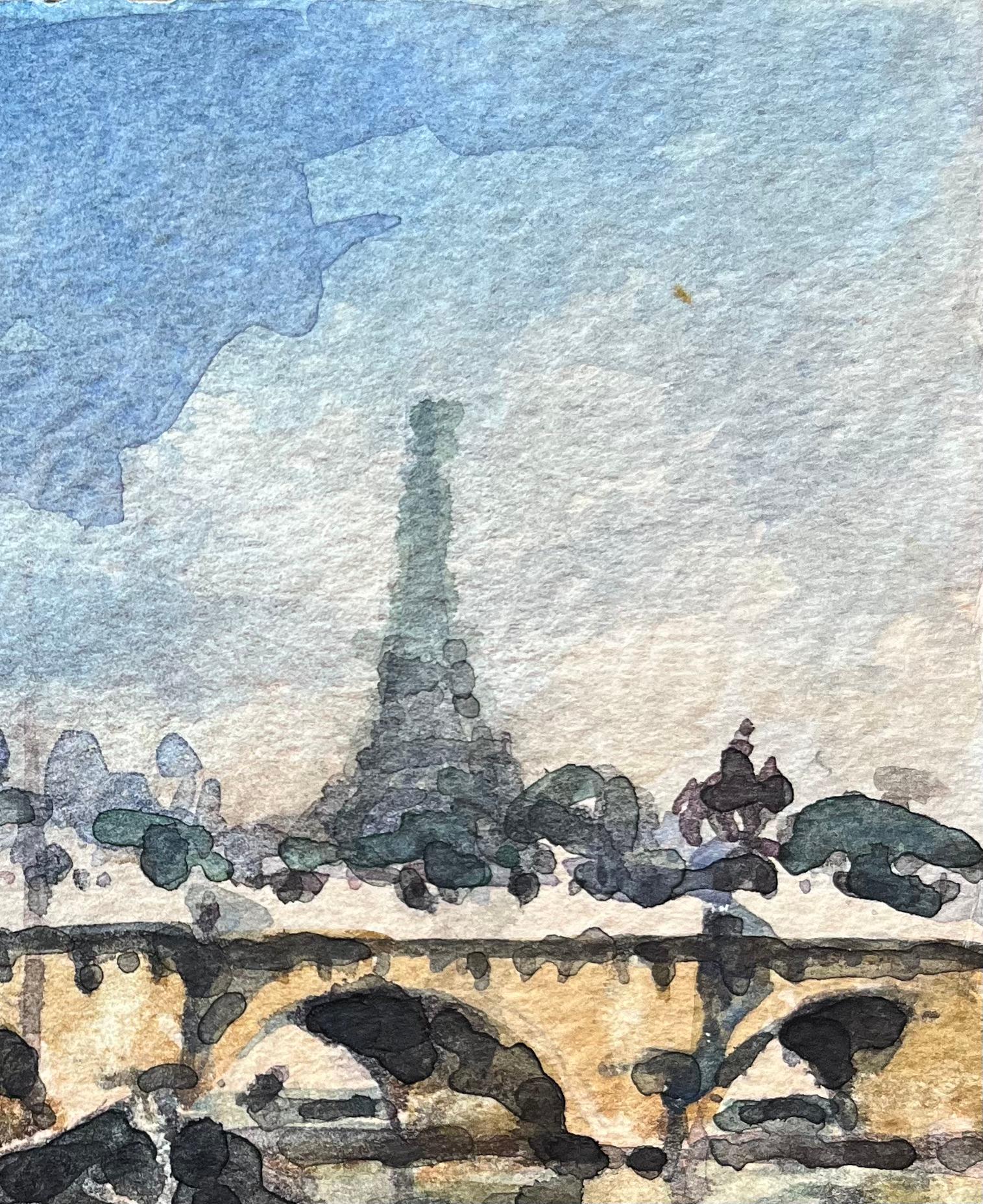 French Impressionist Watercolor of View of Silhouette of the Eiffel Tower For Sale 1