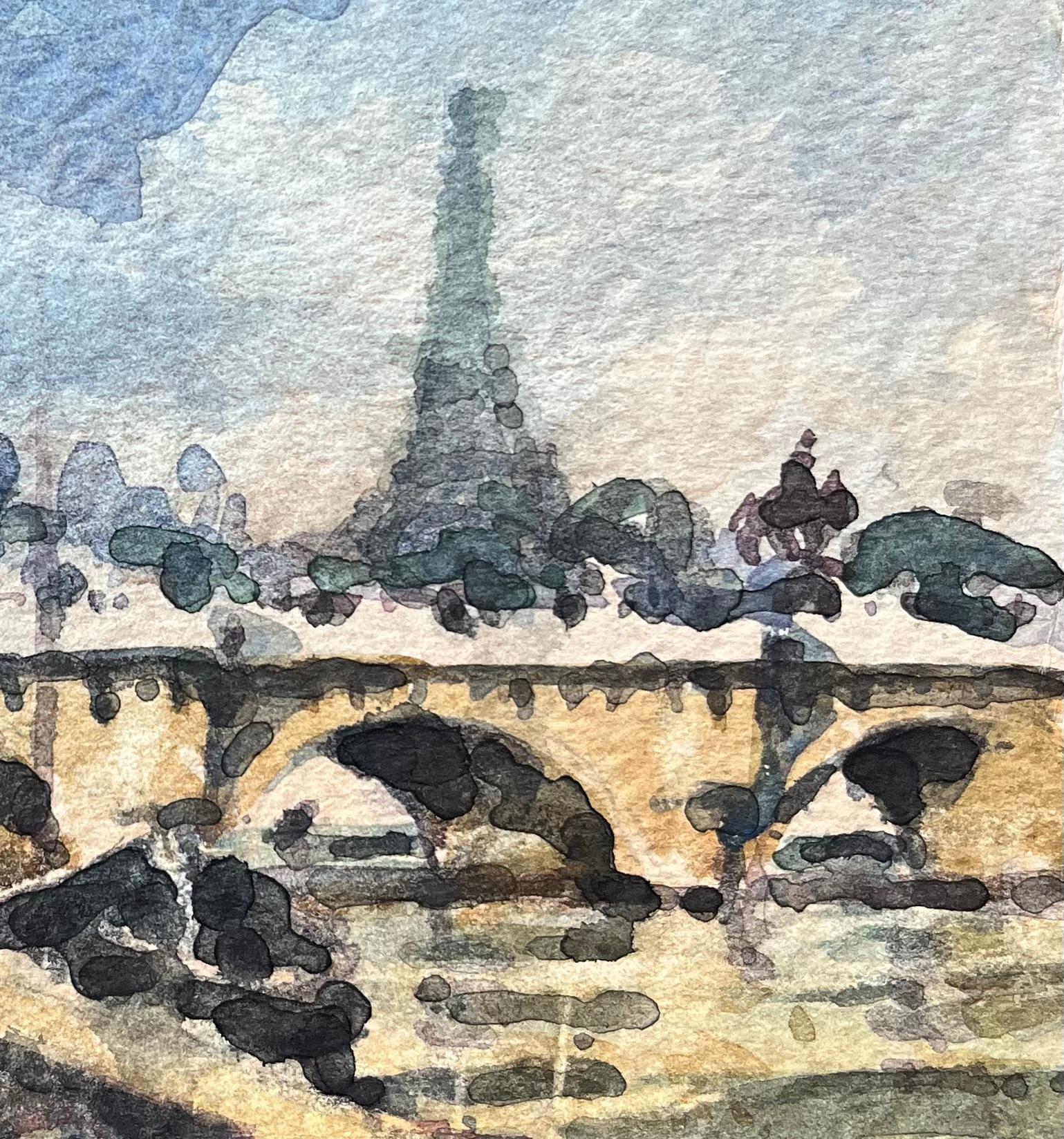 French Impressionist Watercolor of View of Silhouette of the Eiffel Tower For Sale 2