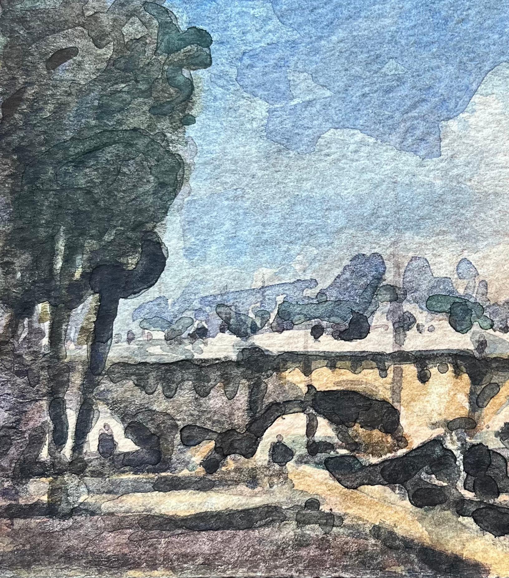 French Impressionist Watercolor of View of Silhouette of the Eiffel Tower For Sale 3