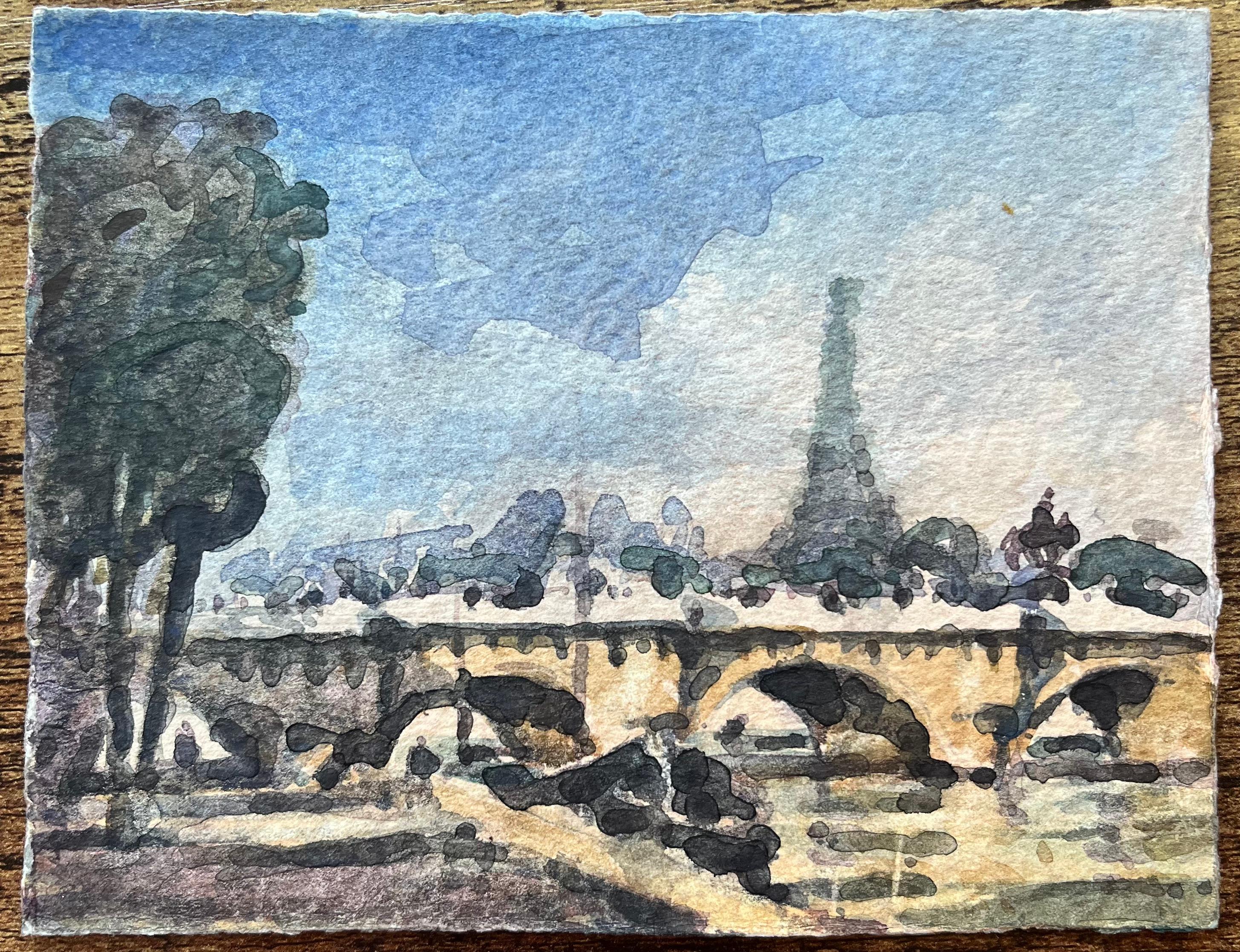 Title: French Impressionist Watercolor of View of Silhouette of the Eiffel Tower
By Maurice Mazeilie (French 1924-2021)
Medium: Watercolor on paper, unframed
Size: 5 x 6.25 inches (Height x Width)
Stamped: Verso
Condition: Good, with signs of