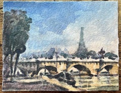 French Impressionist Watercolor of View of Silhouette of the Eiffel Tower