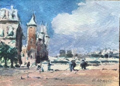 French Impressionist Watercolor Parisian Bridge and Towers with Pointed Spires