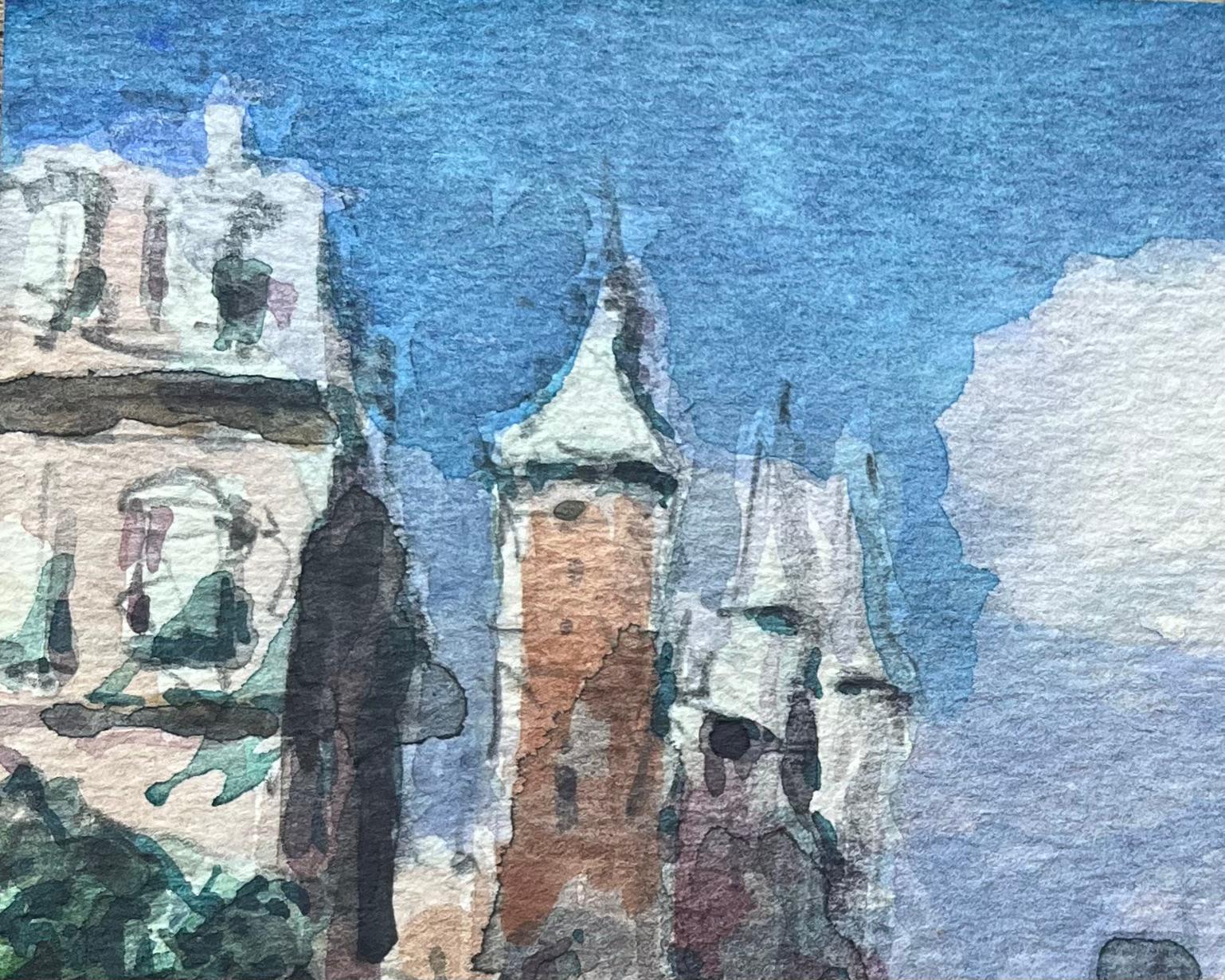 Aquarelle impressionniste française Parisian Bridge and Towers with Pointed Spires en vente 1