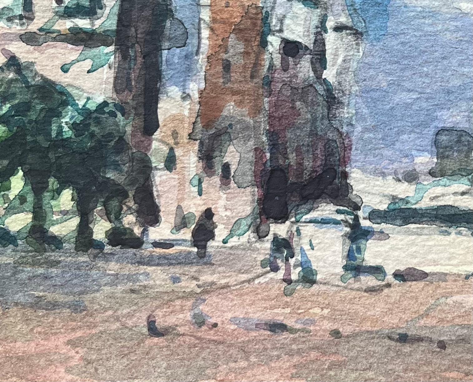 Aquarelle impressionniste française Parisian Bridge and Towers with Pointed Spires en vente 2