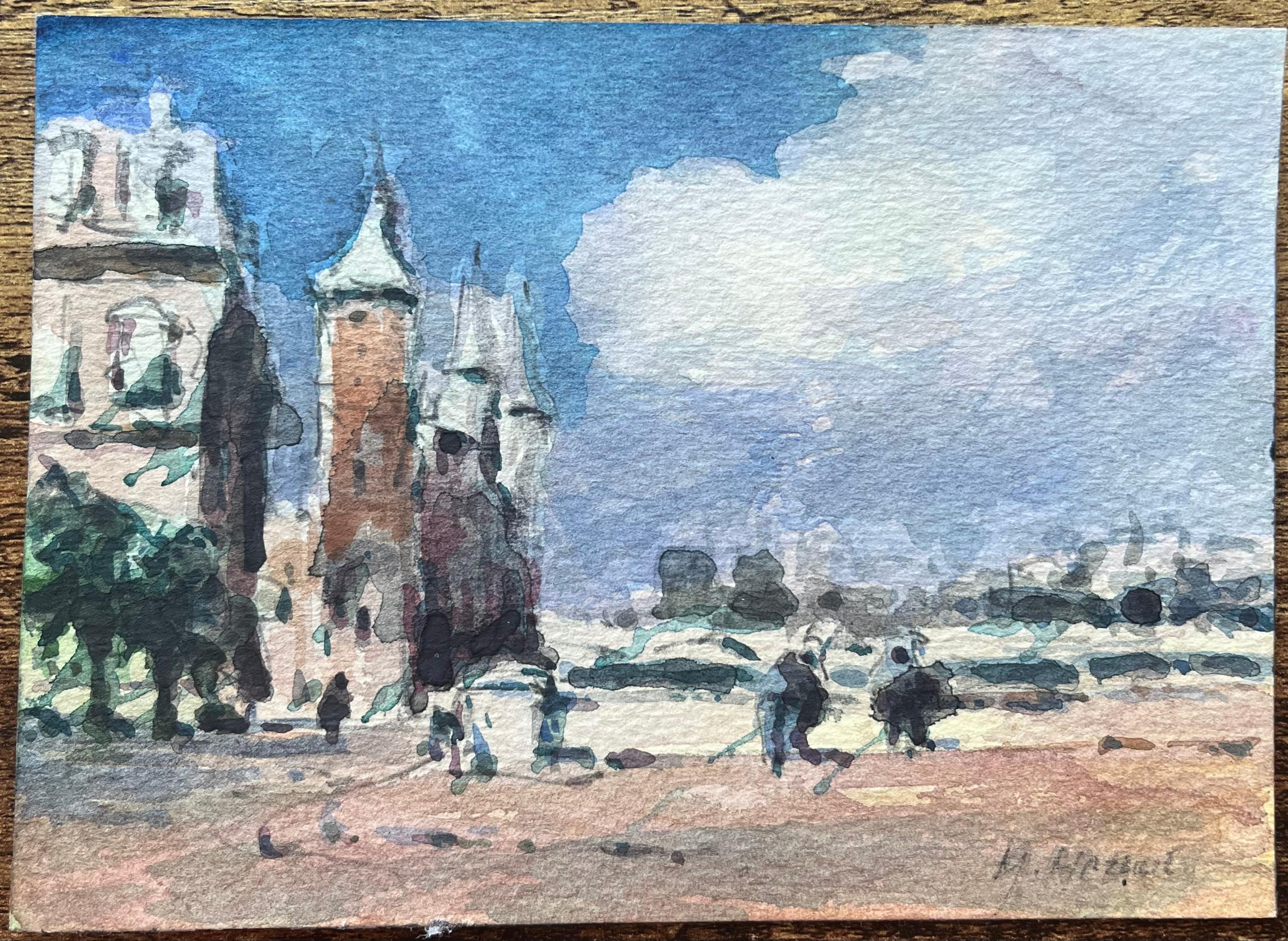 Aquarelle impressionniste française Parisian Bridge and Towers with Pointed Spires - Impressionnisme Art par Maurice Mazeilie