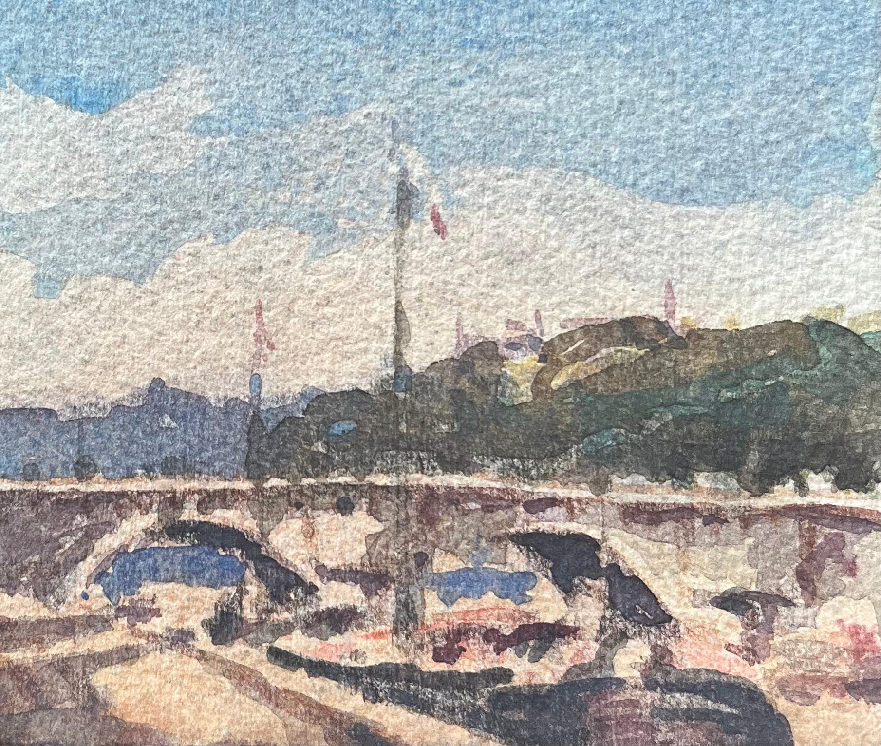 Acquerello impressionista francese raffigurante un momento di serenità lungo la Senna - Art Impressionismo di Maurice Mazeilie