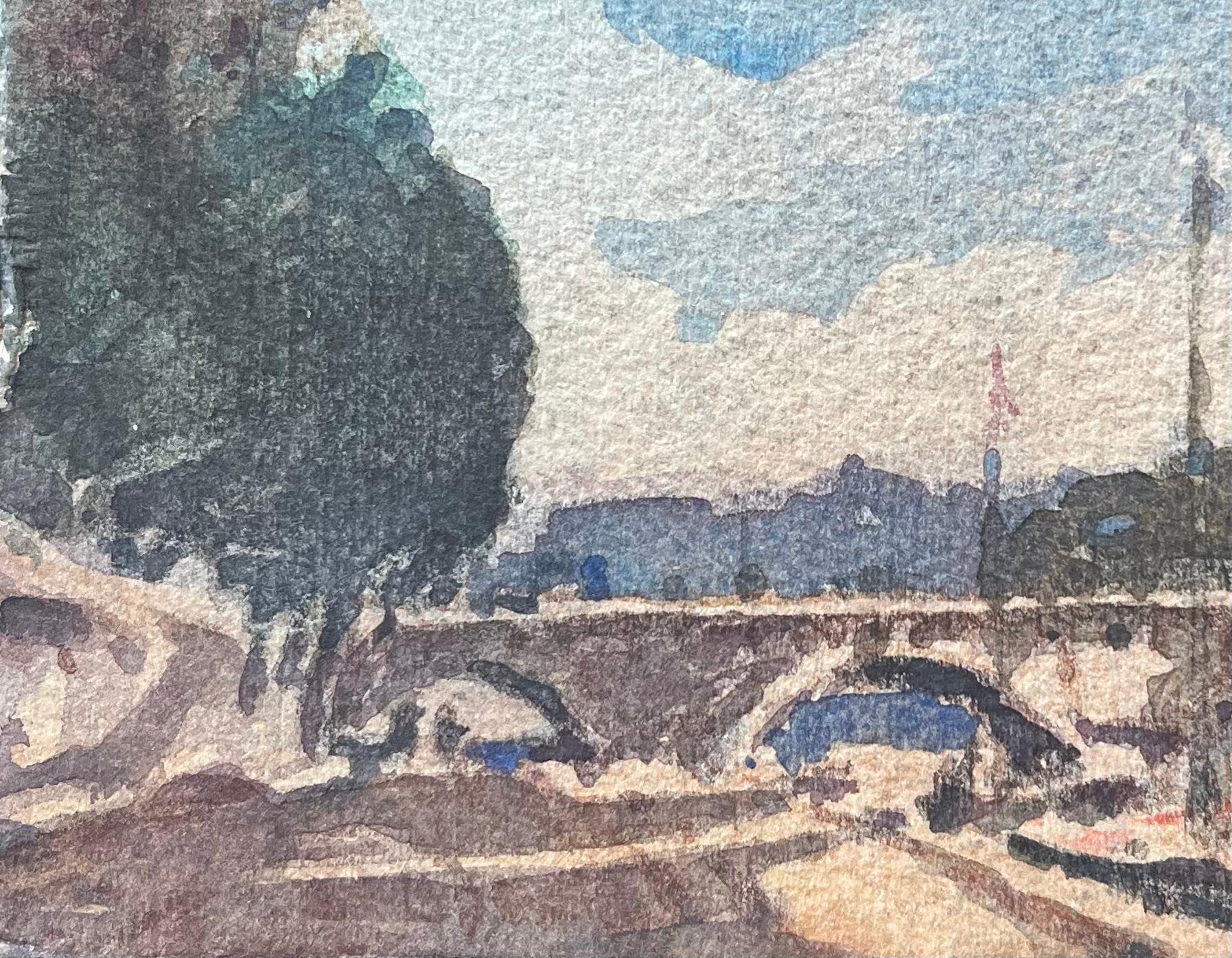 Acquerello impressionista francese raffigurante un momento di serenità lungo la Senna - Landscape Art Grigio di Maurice Mazeilie