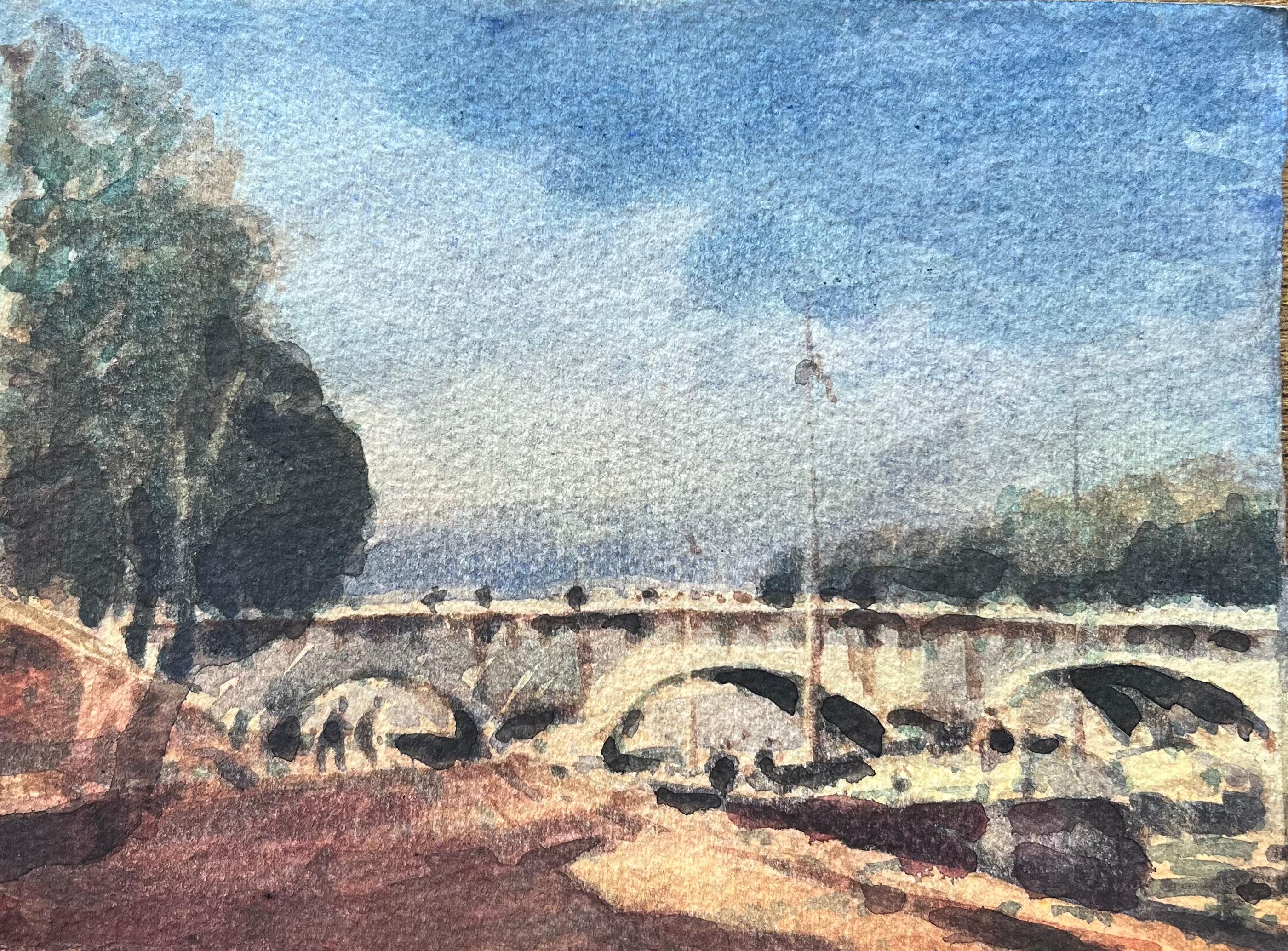 Aquarelle impressionniste française représentant un pont éclairé au-dessus de la rivière Seine