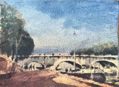 French Impressionist Watercolor of Sunlit Bridge over the River Seine
