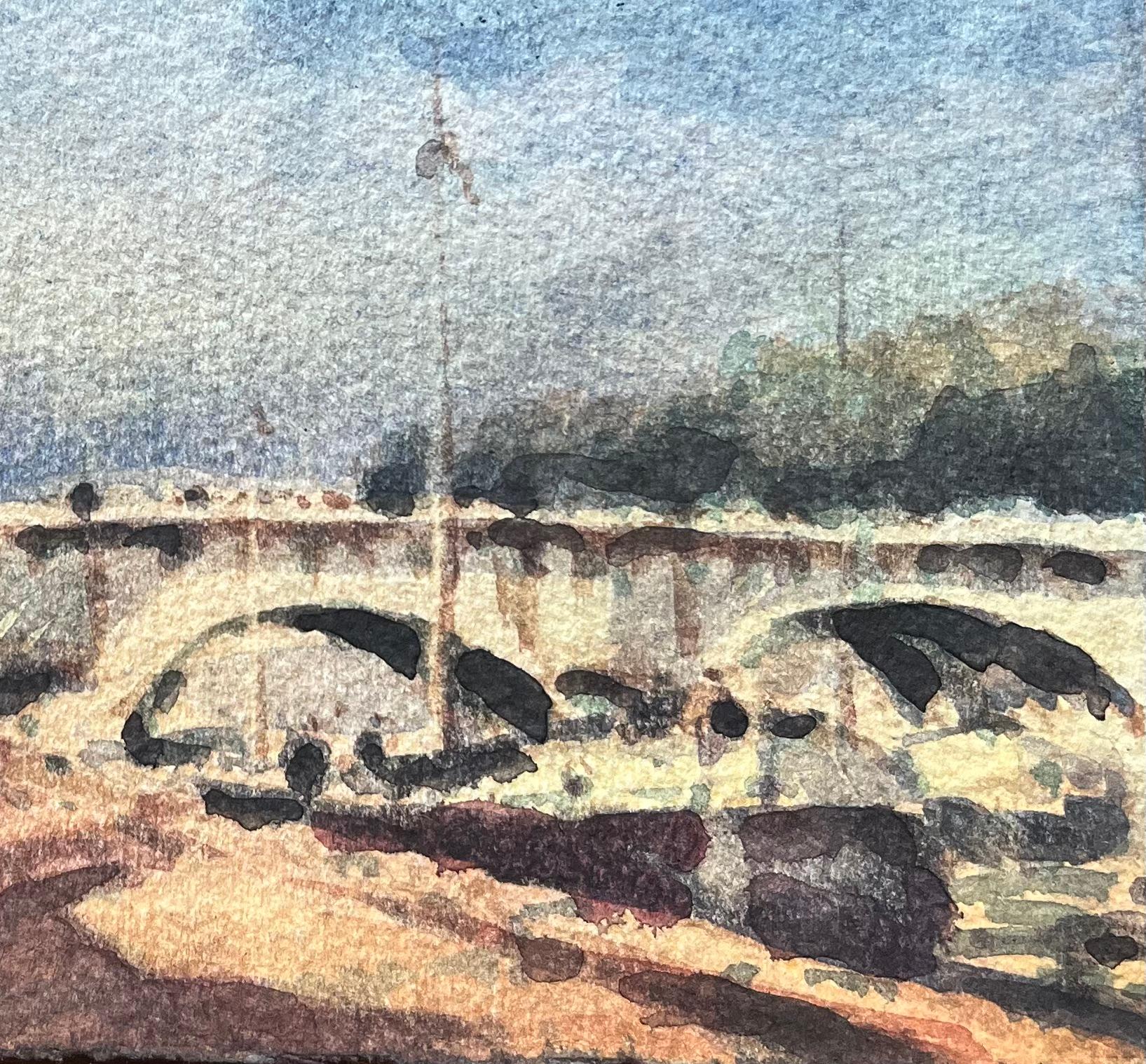 Aquarelle impressionniste française représentant un pont éclairé au-dessus de la rivière Seine en vente 1