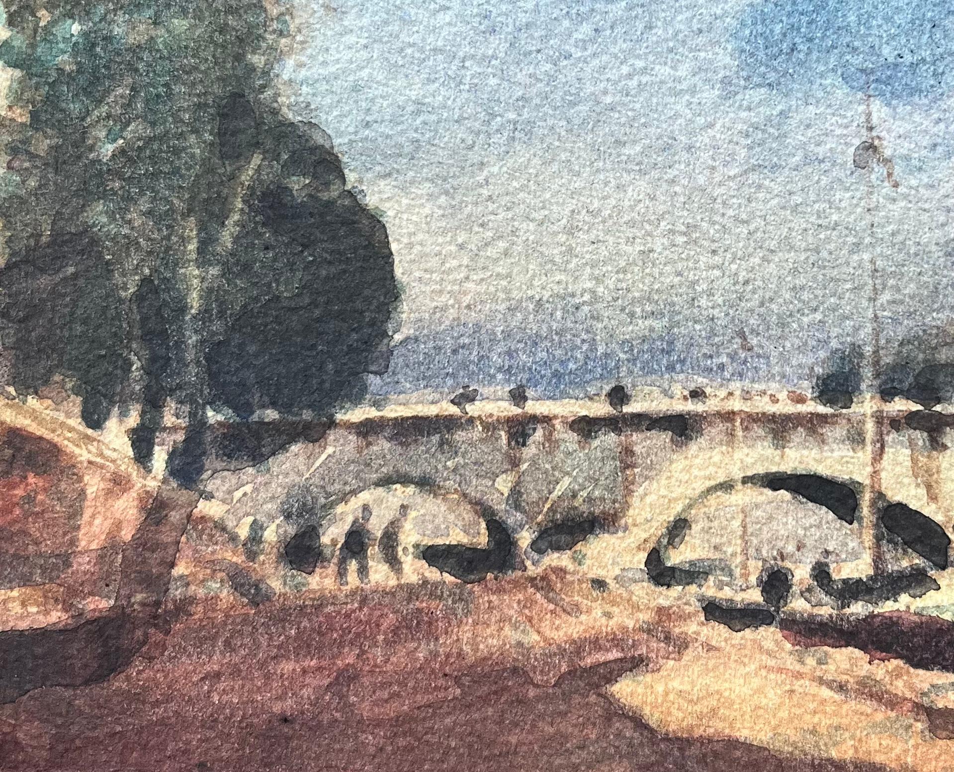 Titre : Aquarelle impressionniste française d'un pont ensoleillé sur la Seine
Par Maurice Mazeilie (français 1924-2021)
Moyen d'expression : Aquarelle sur papier, non encadrée
Taille : 5.75 x 7.5 pouces (hauteur x largeur)
Estampillé : Verso
Condit