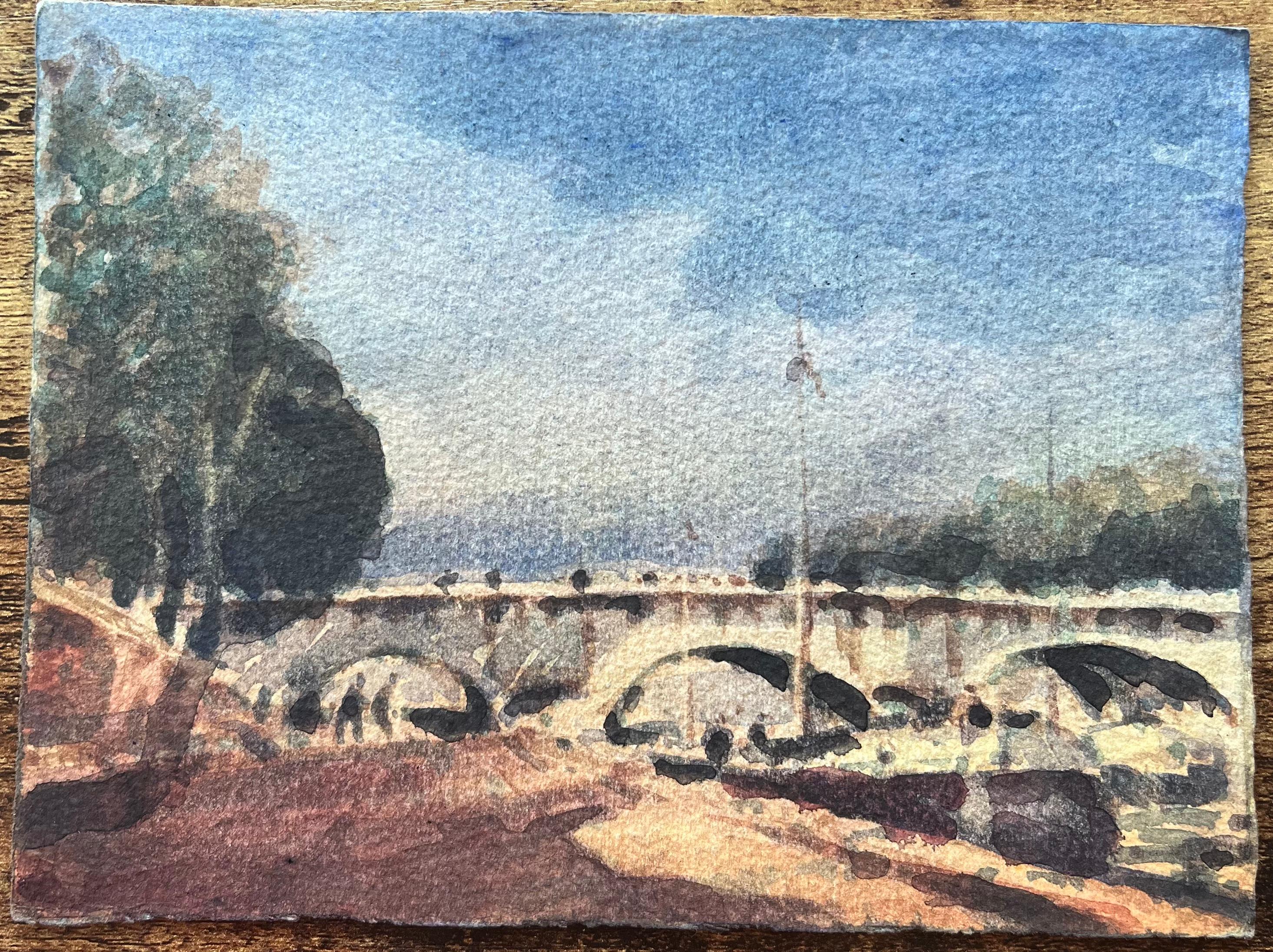 Aquarelle impressionniste française représentant un pont éclairé au-dessus de la rivière Seine - Impressionnisme Art par Maurice Mazeilie