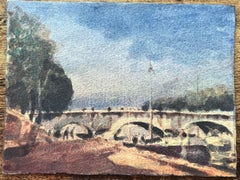 French Impressionist Watercolor of Sunlit Bridge over the River Seine