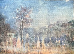 French Impressionist Watercolor of Park with View of Champs-Élysées at Dusk