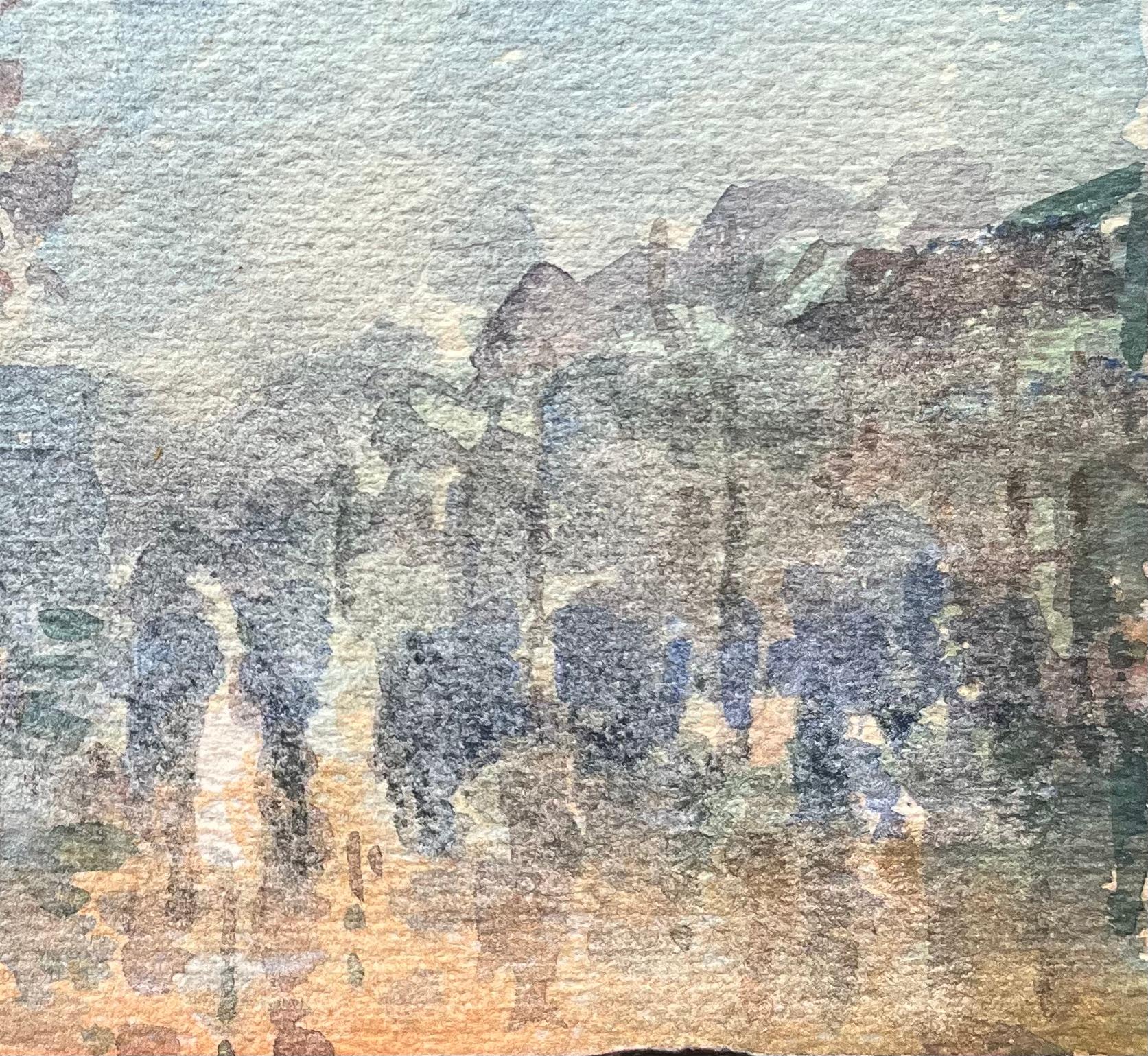 Aquarelle impressionniste française d'un parc avec vue sur les Champs-Élysées au crépuscule en vente 1