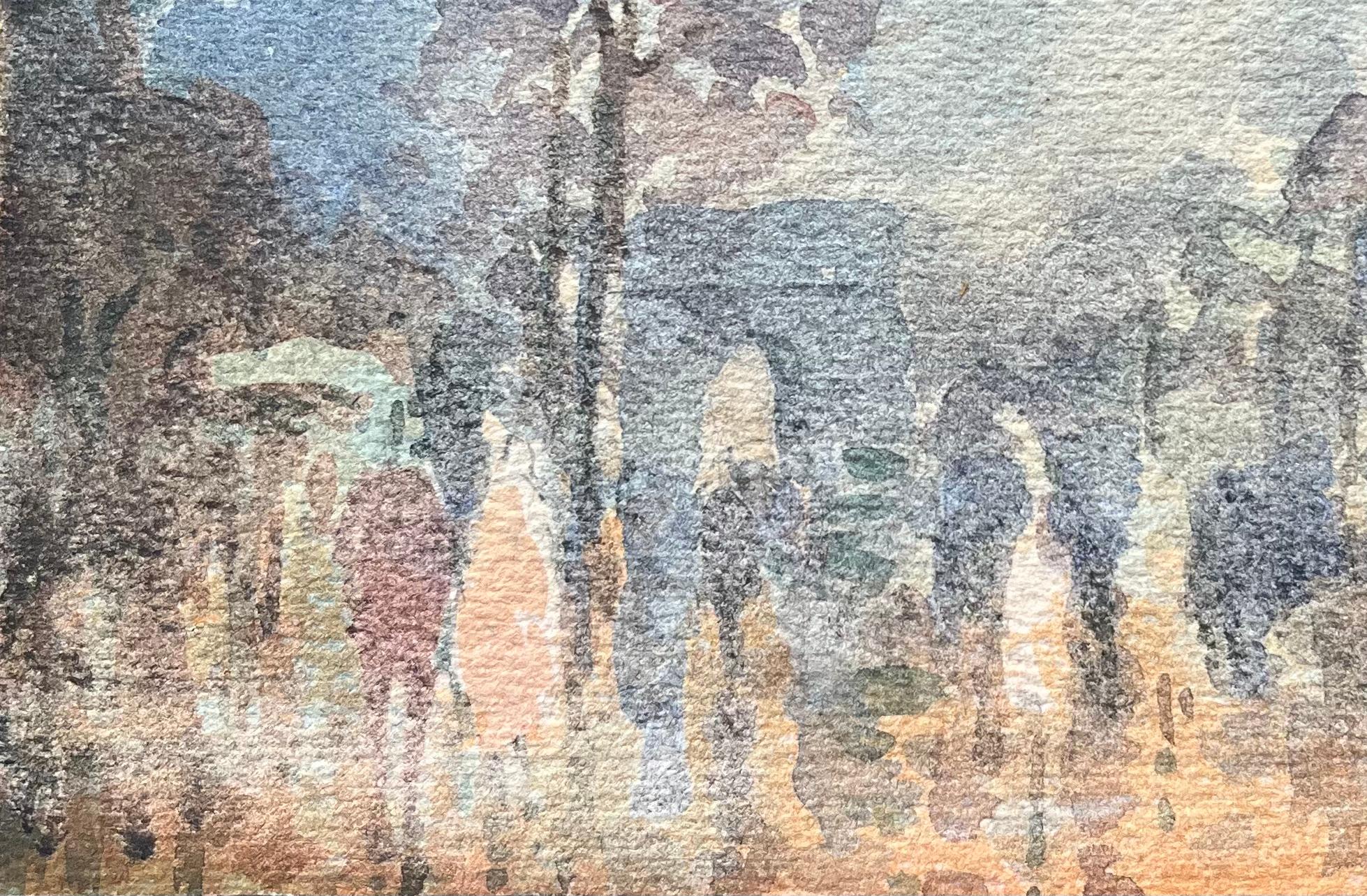 Aquarelle impressionniste française d'un parc avec vue sur les Champs-Élysées au crépuscule en vente 2