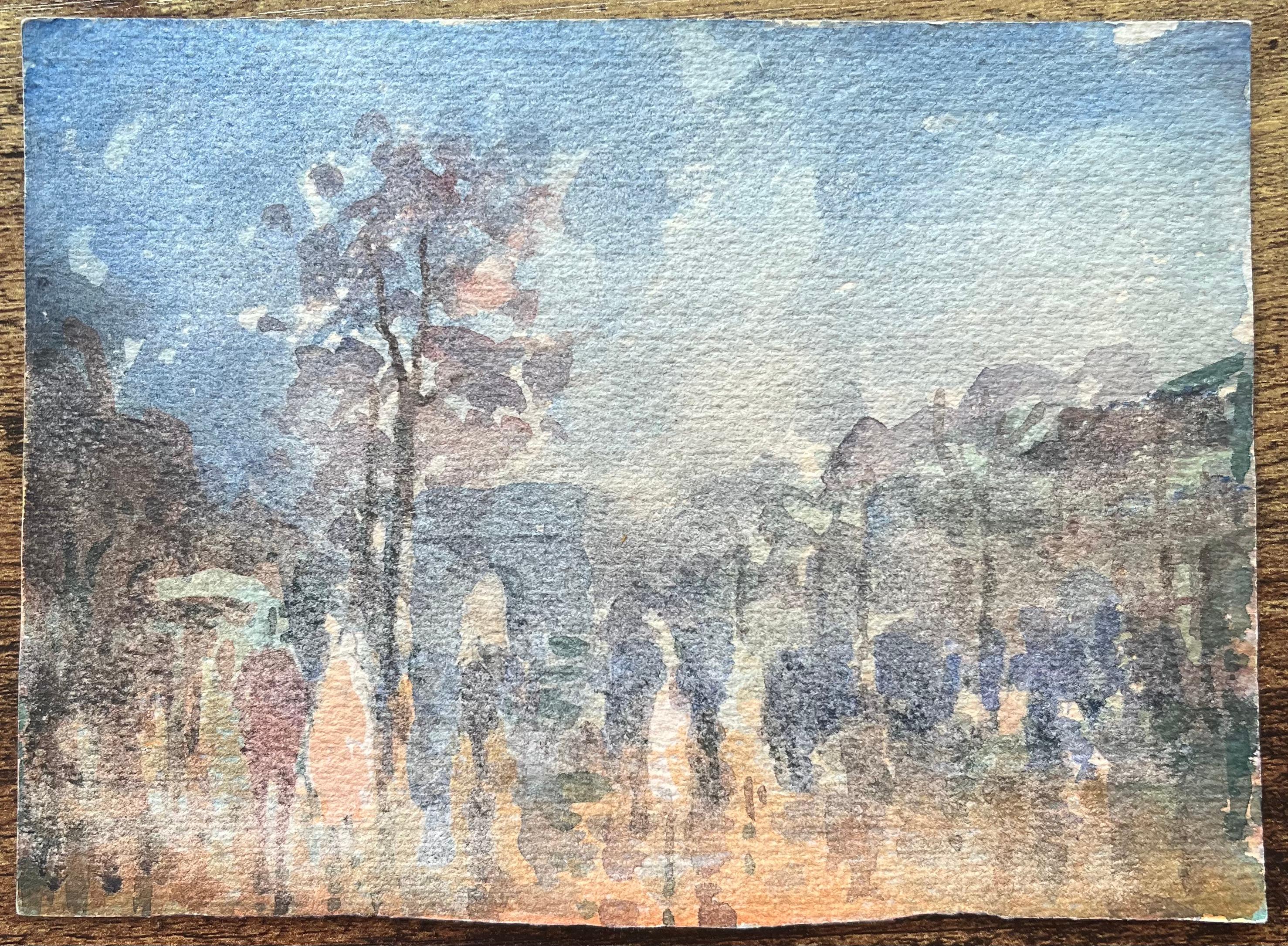 Aquarelle impressionniste française d'un parc avec vue sur les Champs-Élysées au crépuscule - Impressionnisme Art par Maurice Mazeilie