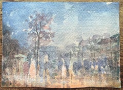 French Impressionist Watercolor of Park with View of Champs-Élysées at Dusk