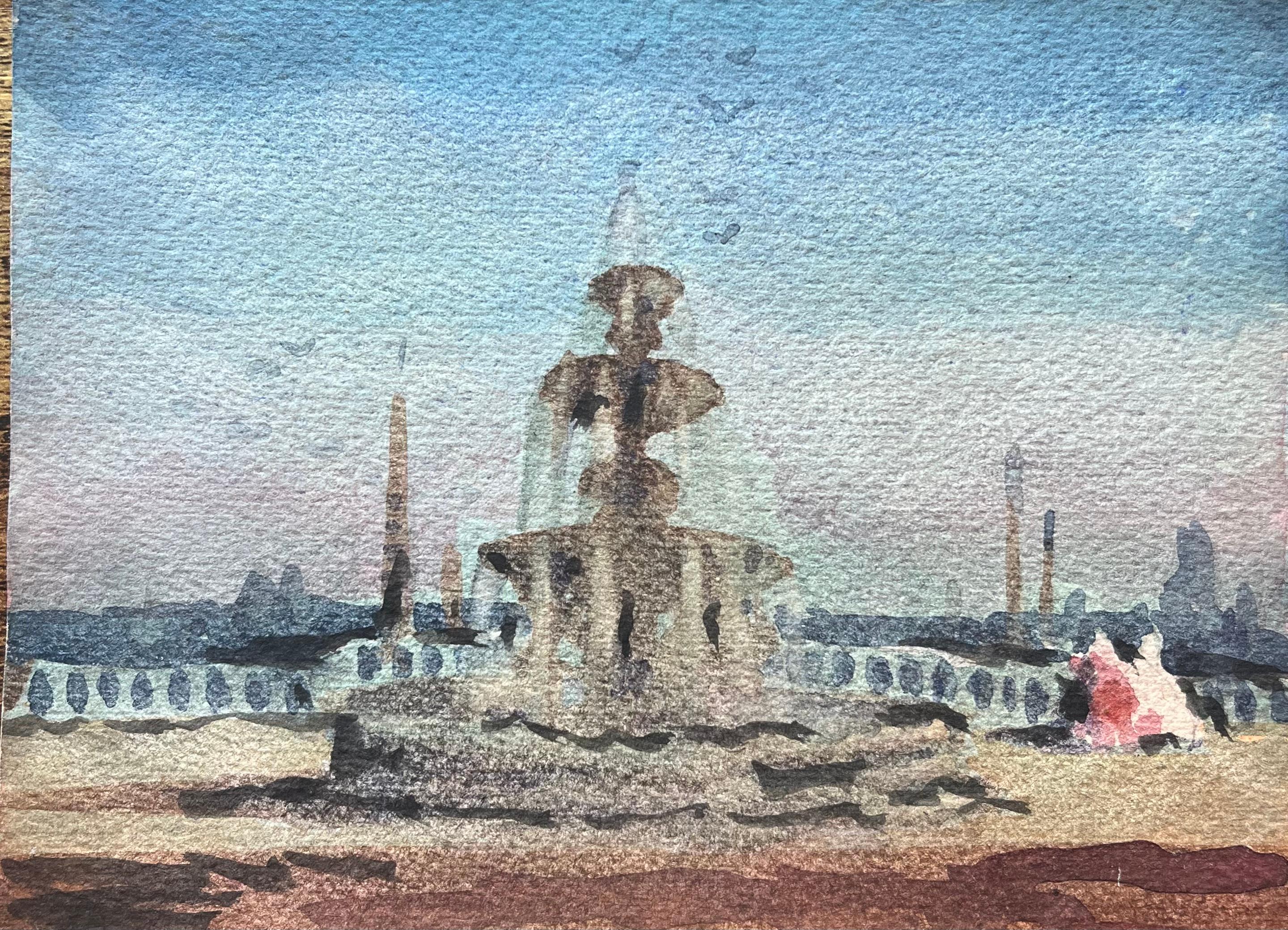 Acquerello impressionista francese raffigurante Fontaine des Mers a Place de la Concorde
