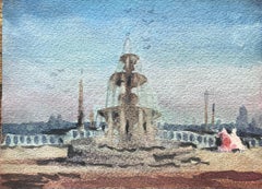 Vintage French Impressionist Watercolor of Fontaine des Mers at Place de la Concorde