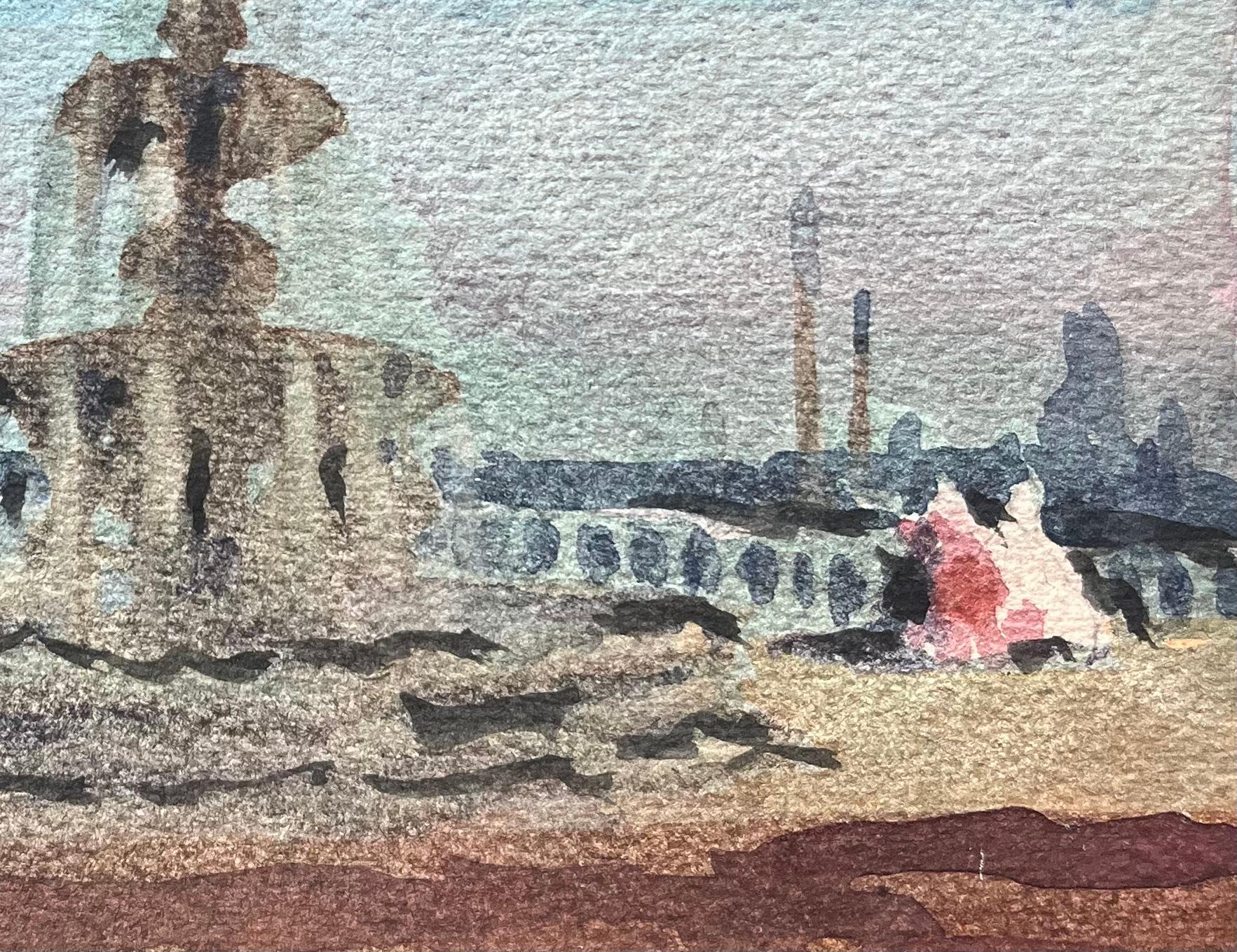 French Impressionist Watercolor of Fontaine des Mers at Place de la Concorde For Sale 2