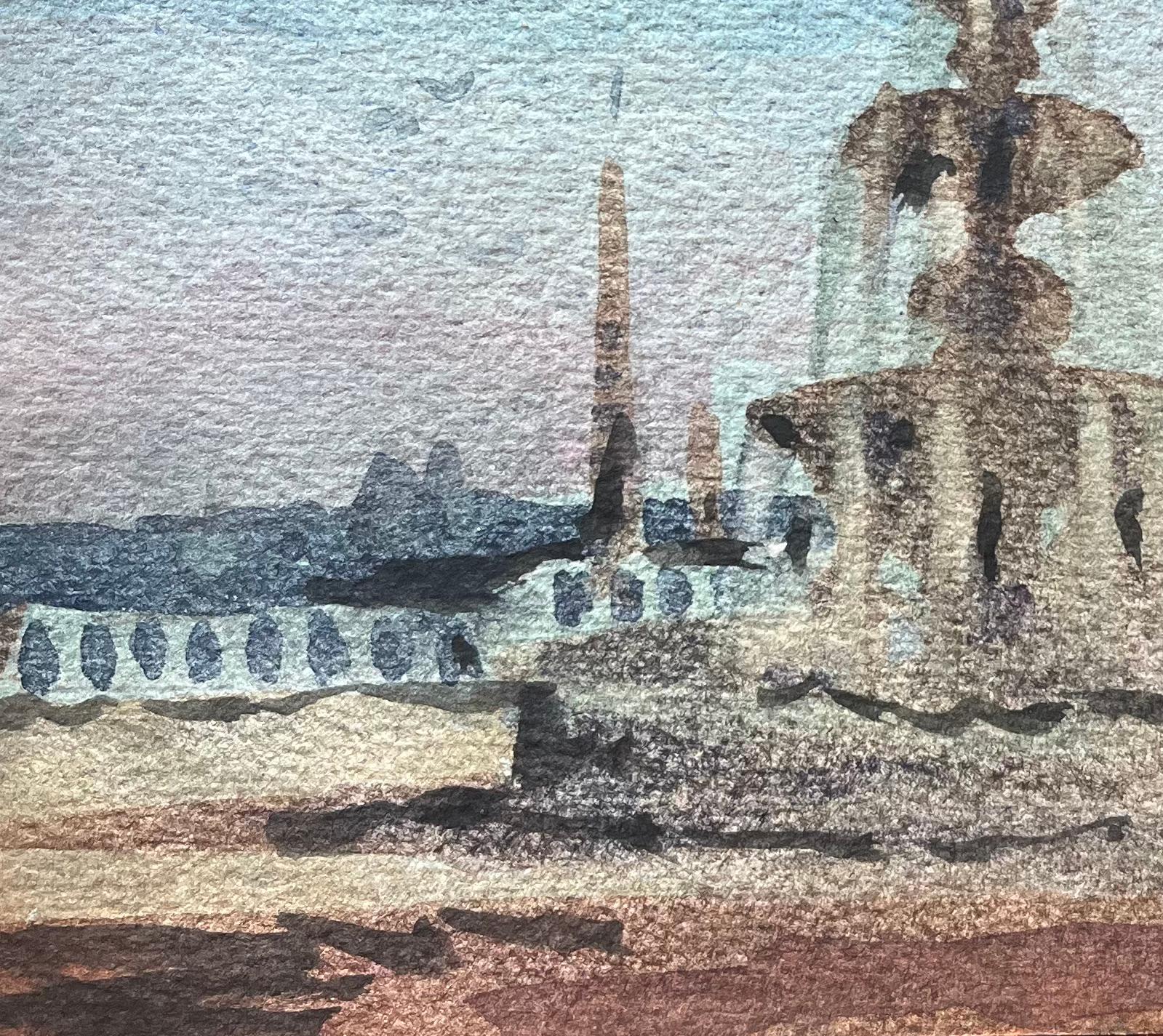 French Impressionist Watercolor of Fontaine des Mers at Place de la Concorde For Sale 1