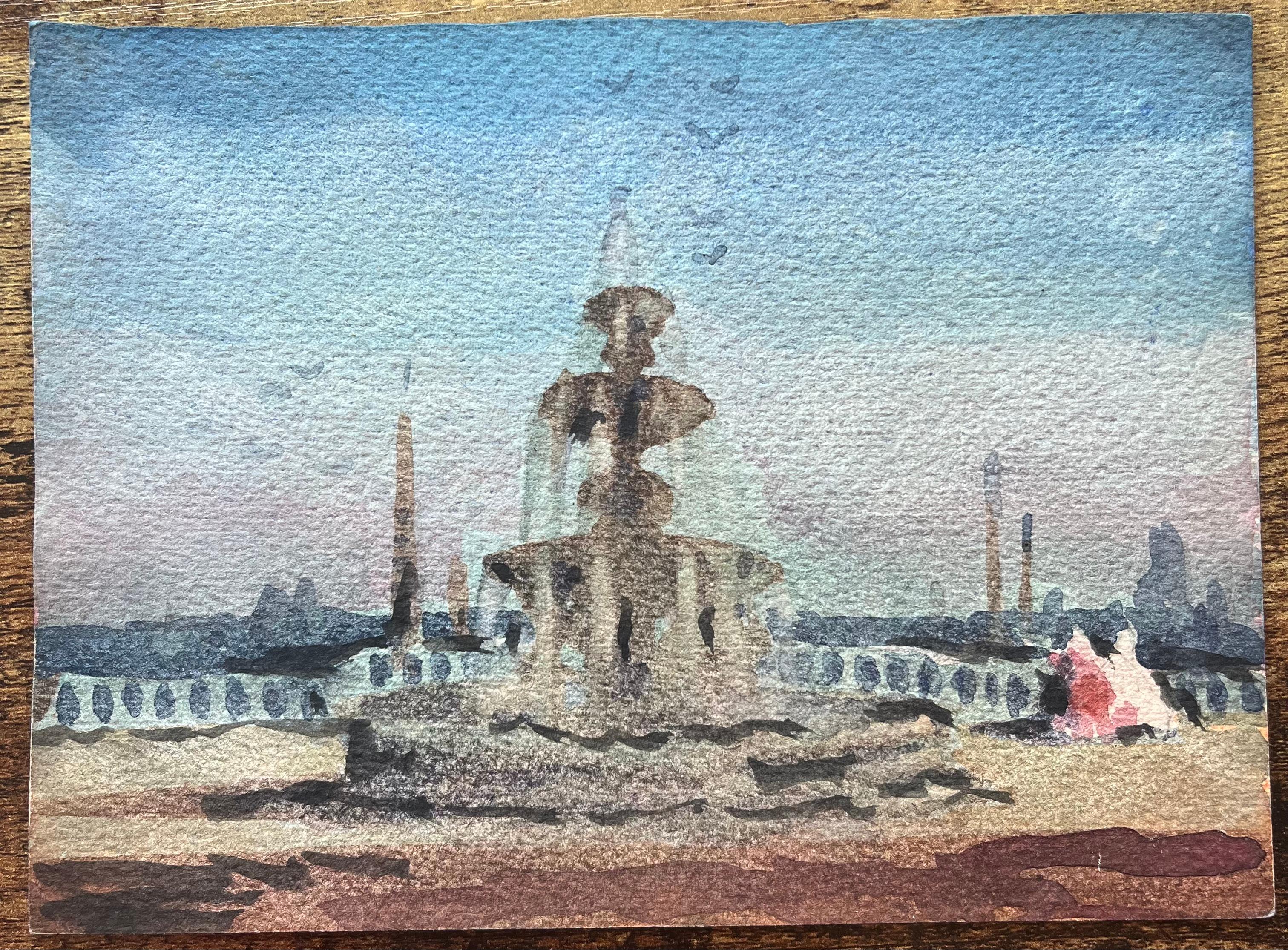 Title: French Impressionist Watercolor of Fontaine des Mers at Place de la Concorde
By Maurice Mazeilie (French 1924-2021)
Medium: Watercolor on paper, unframed
Size: 5.5 x 7.5 inches (Height x Width)
Stamped: Verso
Condition: Good, with signs of