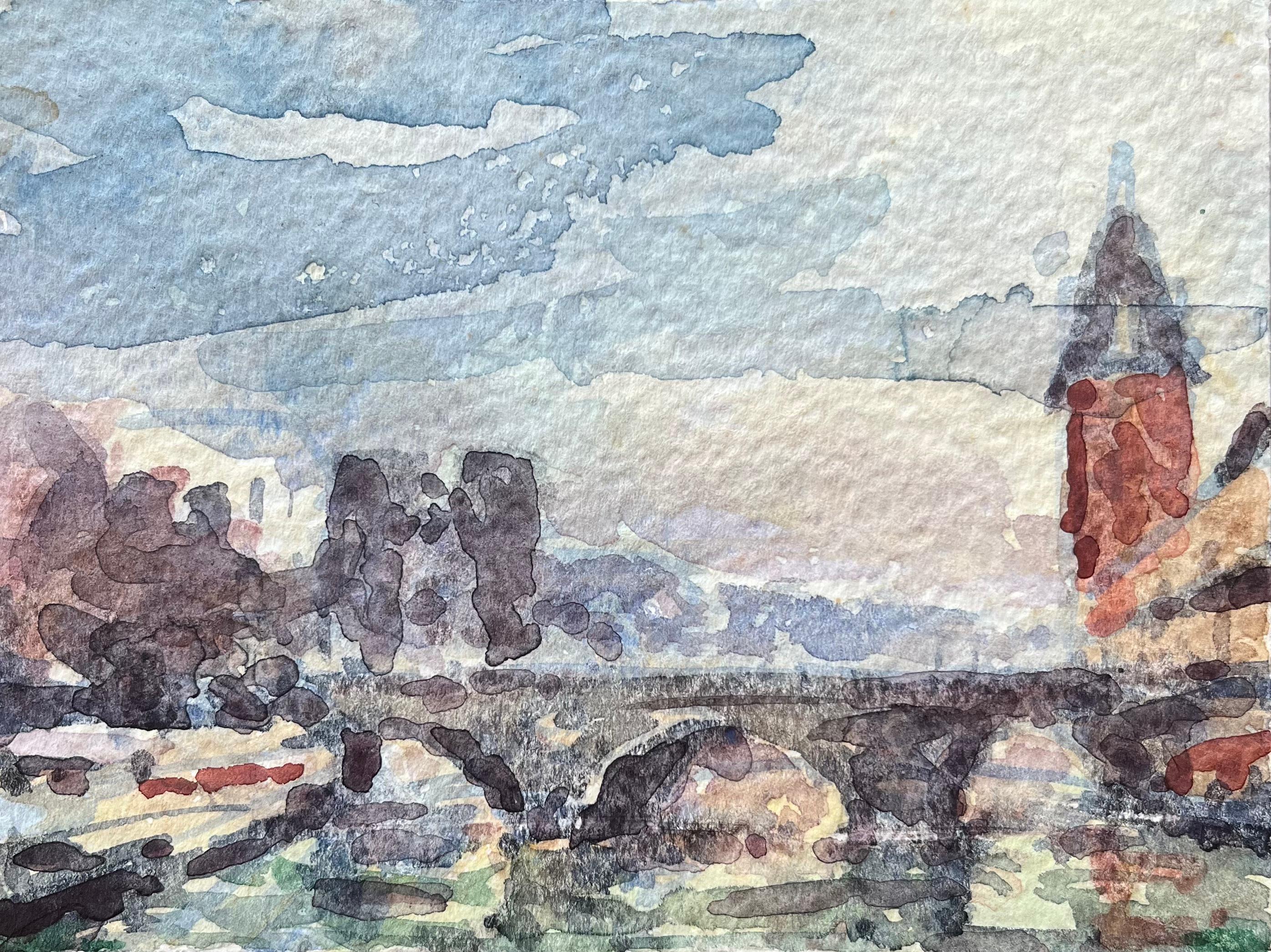 Acuarela impresionista francesa del Puente Nuevo y el río Sena - Art de Maurice Mazeilie