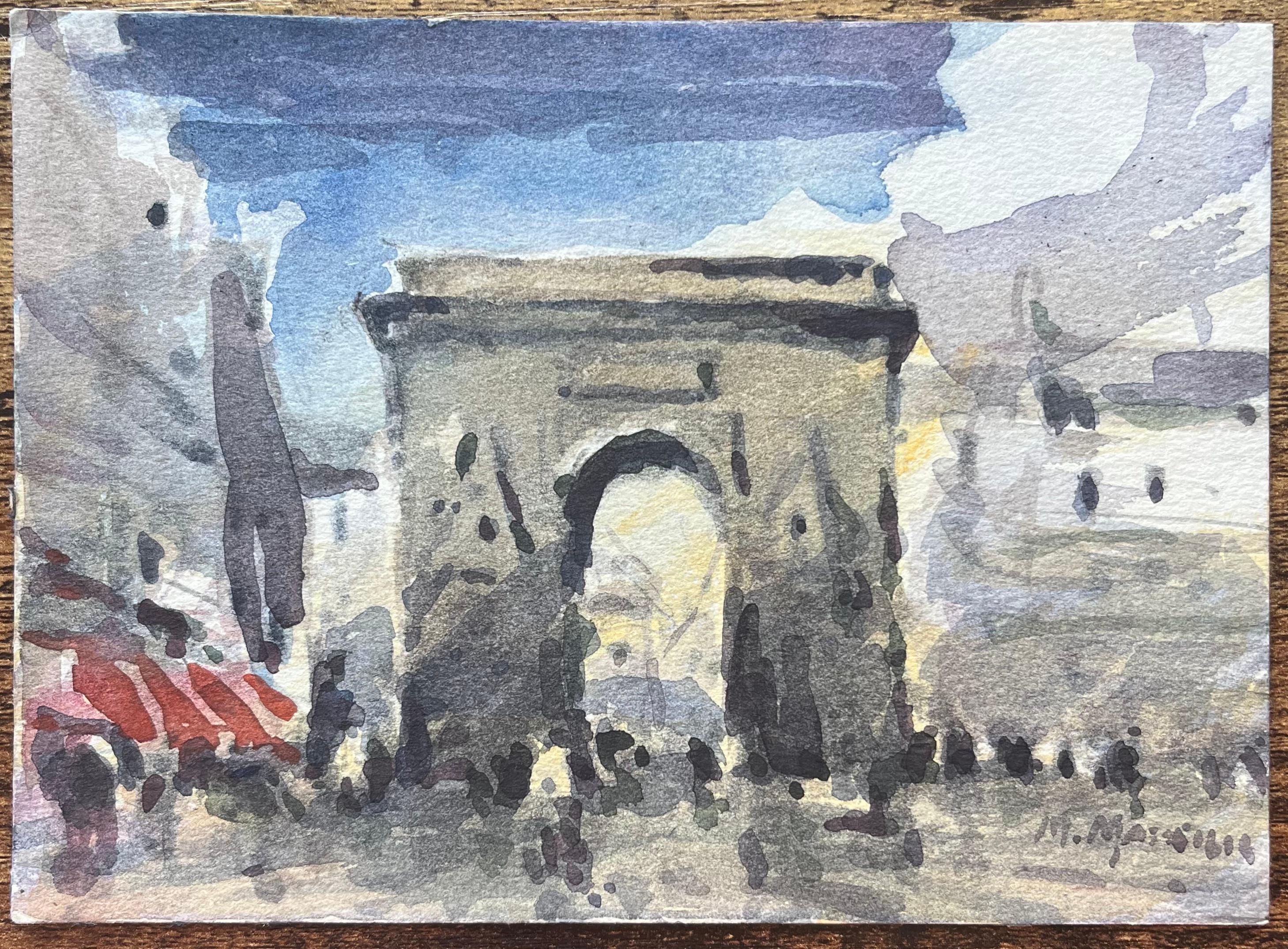 Aquarelle impressionniste française de l'Arc de Triomphe à Paris - Impressionnisme Art par Maurice Mazeilie