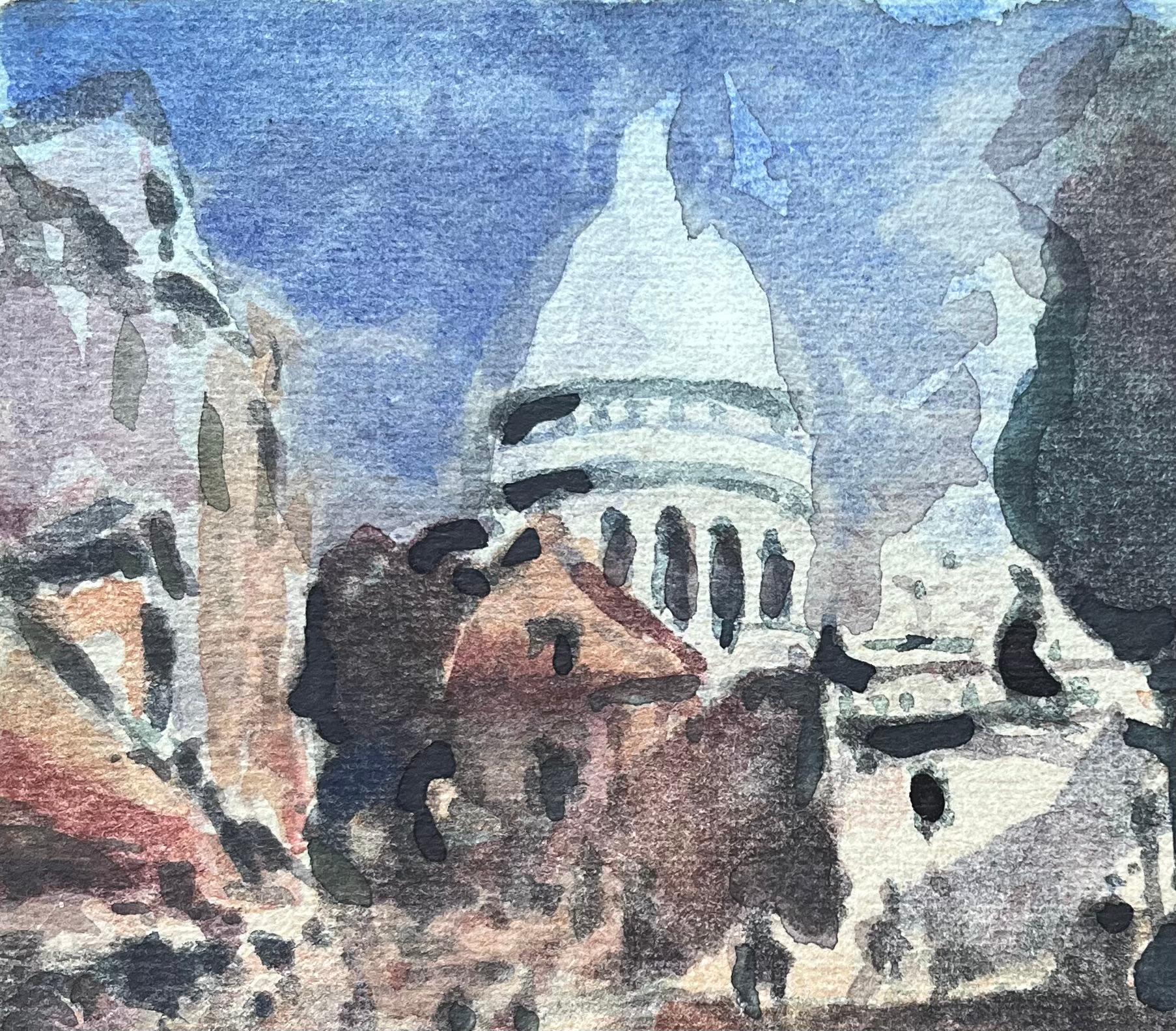 Aquarelle impressionniste française du Sacré-Cœur à Montmartre à Paris - Impressionnisme Art par Maurice Mazeilie