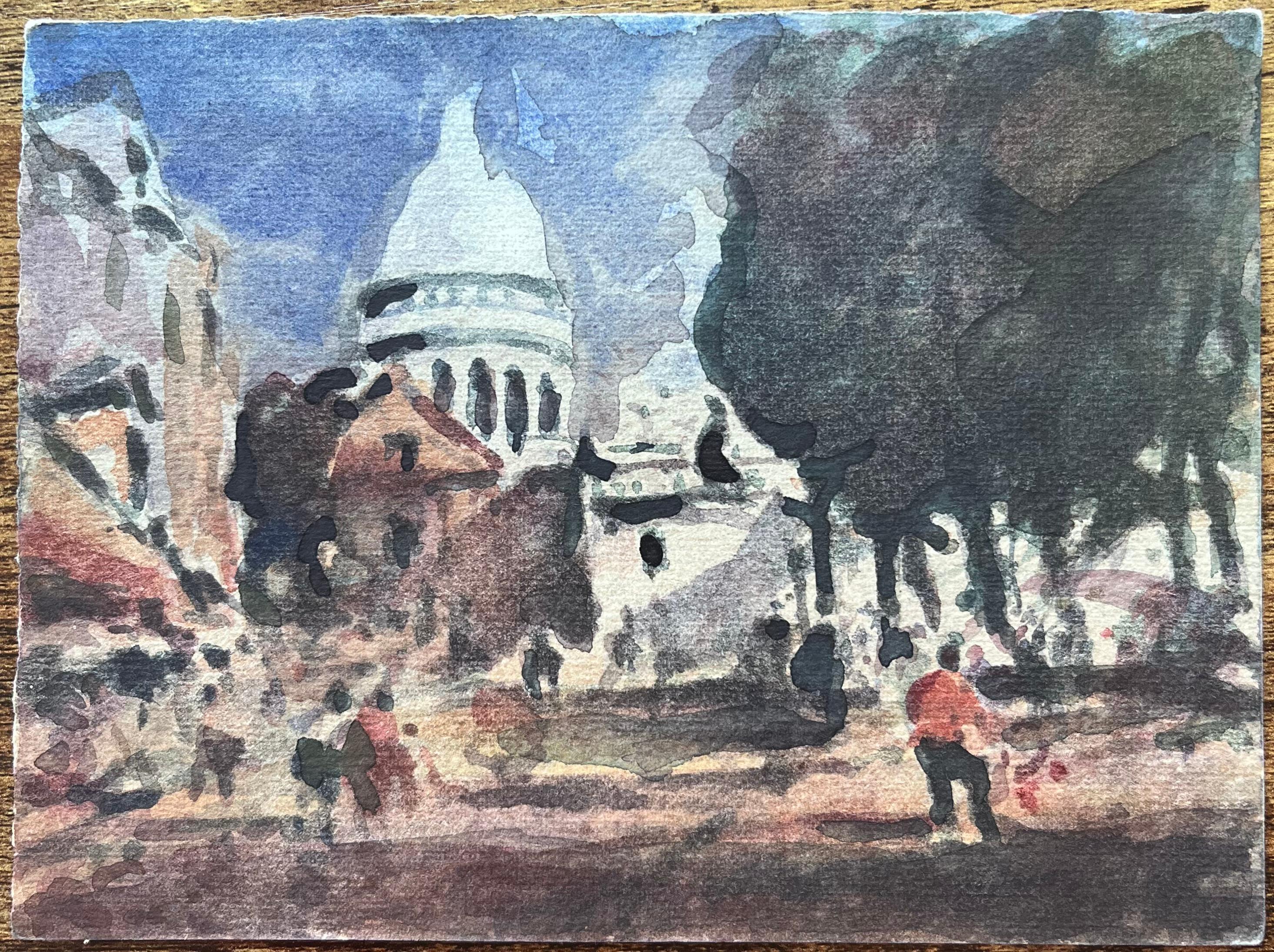 Aquarelle impressionniste française du Sacré-Cœur à Montmartre à Paris - Art de Maurice Mazeilie