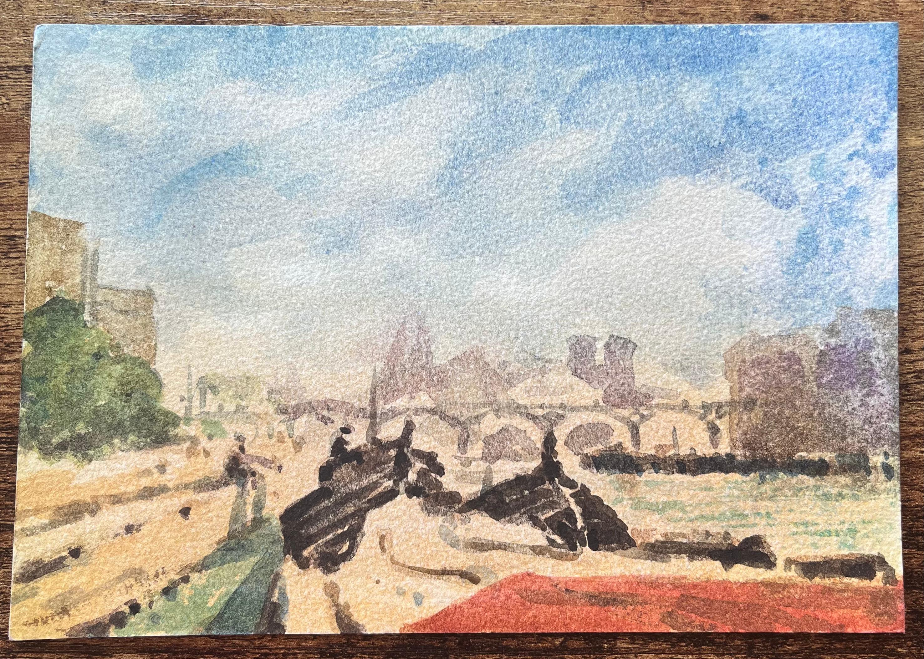 Acquerello impressionista francese raffigurante Notre-Dame e il Pont Neuf dalla Senna - Art Impressionismo di Maurice Mazeilie