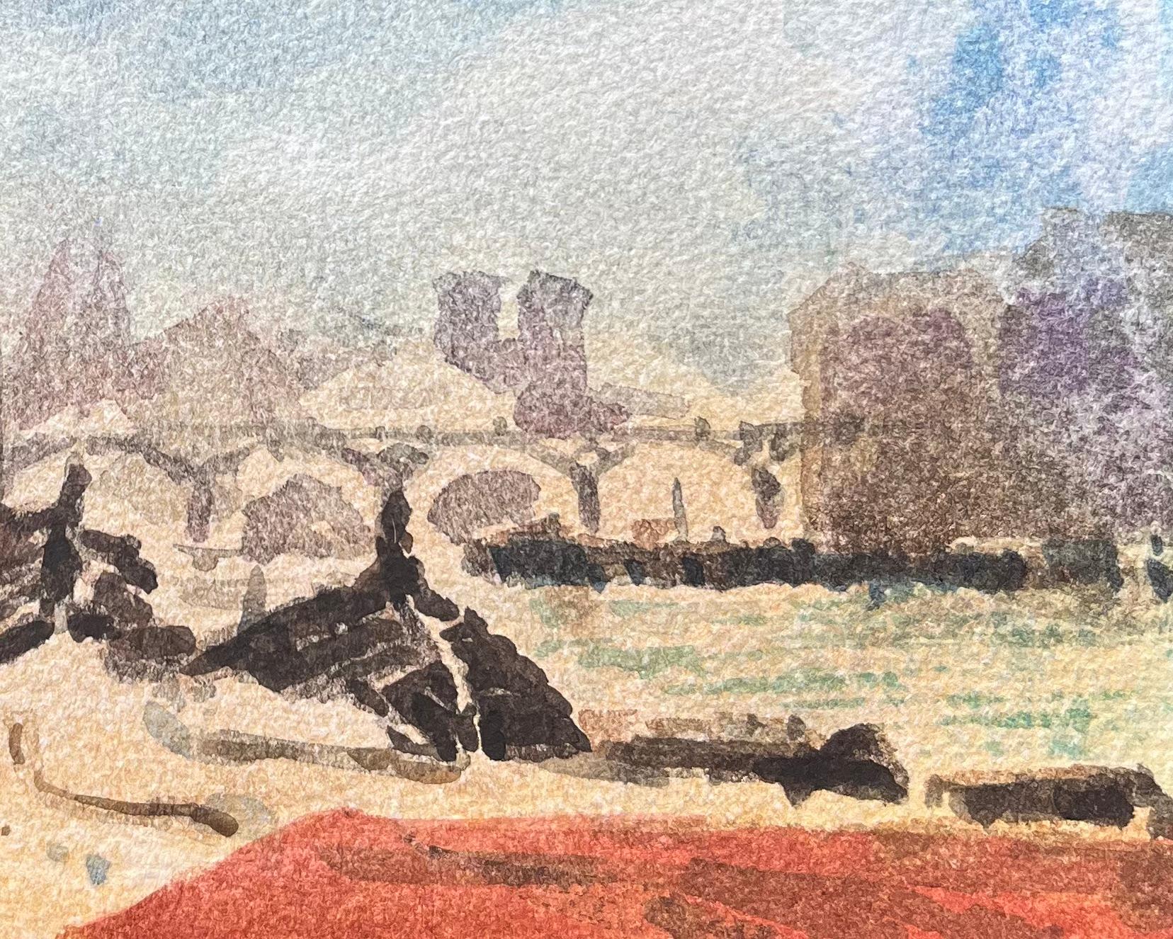 Acquerello impressionista francese raffigurante Notre-Dame e il Pont Neuf dalla Senna in vendita 2