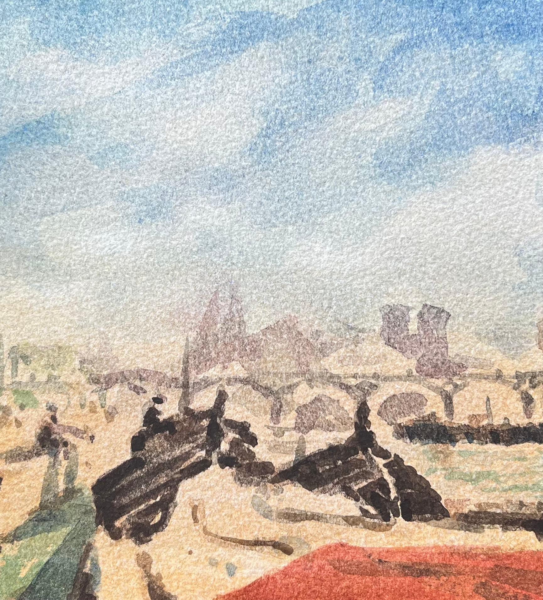 Acquerello impressionista francese raffigurante Notre-Dame e il Pont Neuf dalla Senna in vendita 1