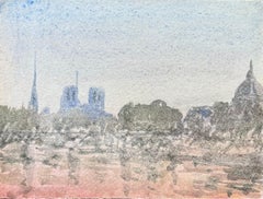 Acquerello impressionista francese raffigurante Notre-Dame e lo skyline di Parigi al tramonto