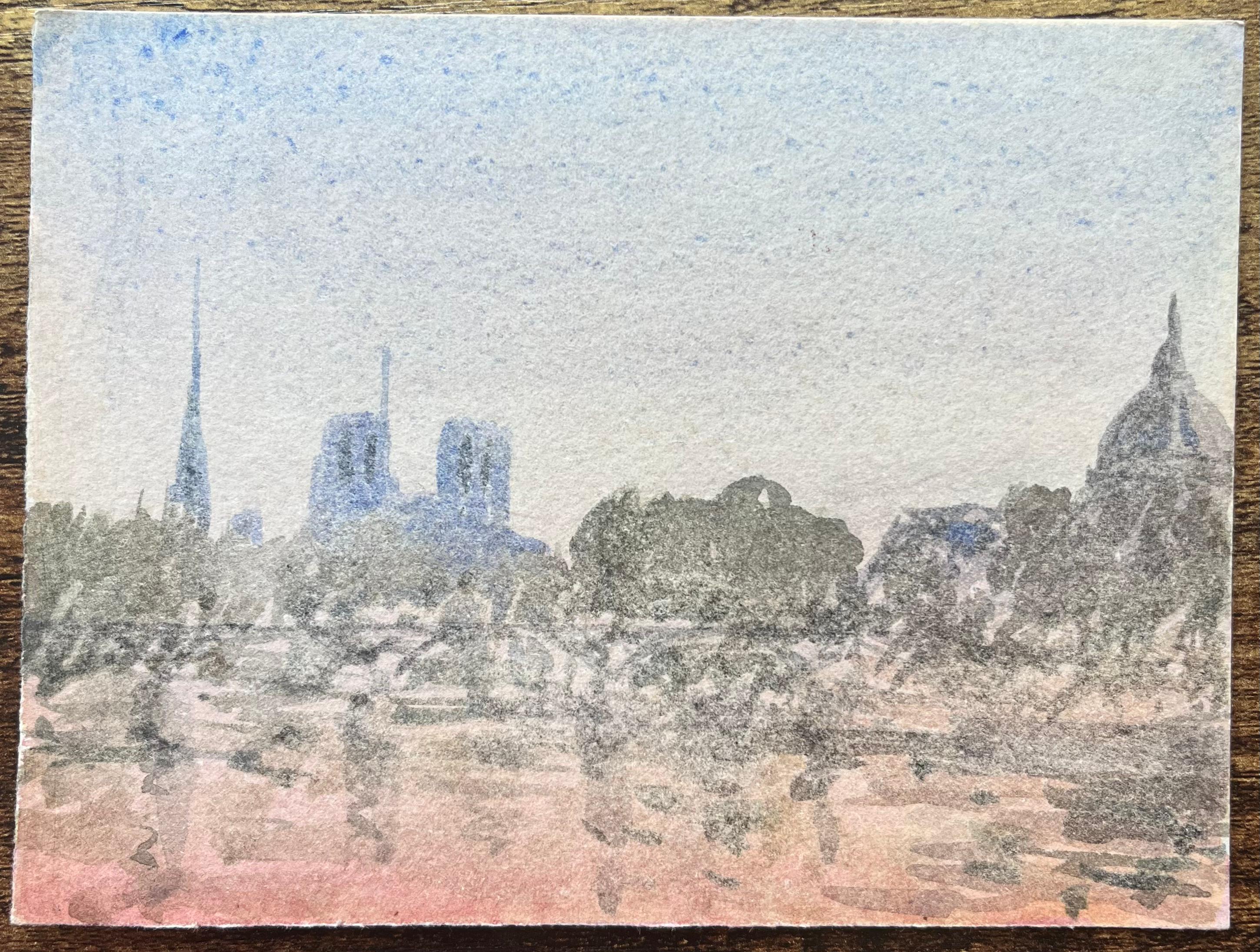 Title: French Impressionist Watercolor of Notre-Dame and the Paris Skyline at Dusk
By Maurice Mazeilie (French 1924-2021)
Medium: Watercolor on paper, unframed
Size: 4.75 x 6.25 inches (Height x Width)
Stamped: Verso
Condition: Good, with signs of