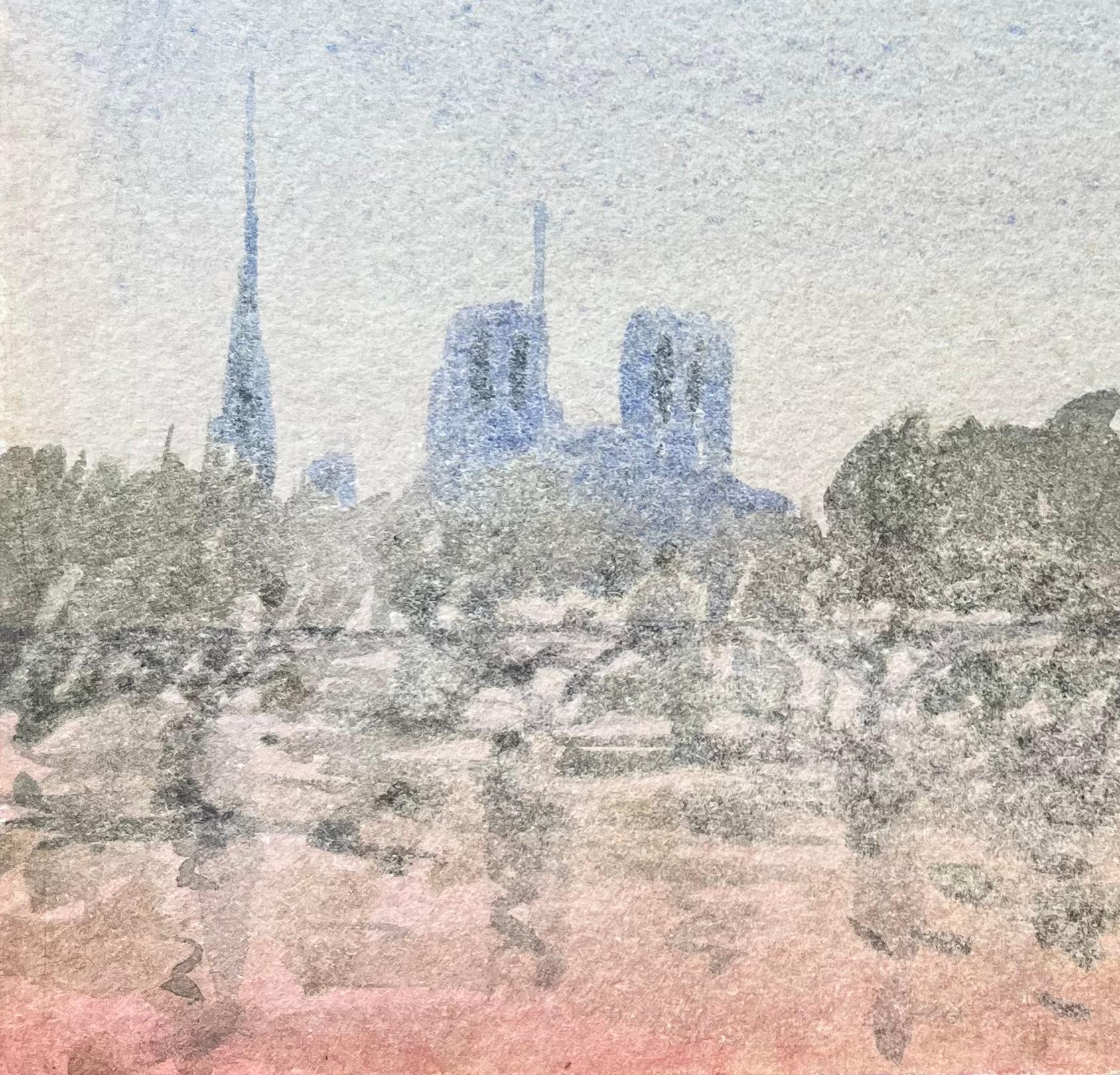 French Impressionist Watercolor of Notre-Dame and the Paris Skyline at Dusk For Sale 1