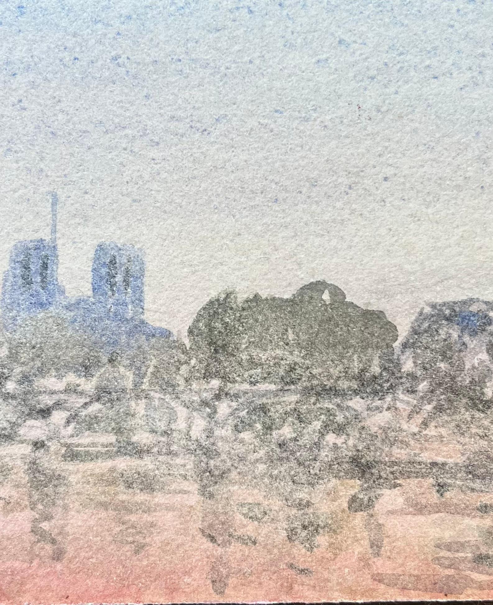 French Impressionist Watercolor of Notre-Dame and the Paris Skyline at Dusk For Sale 3