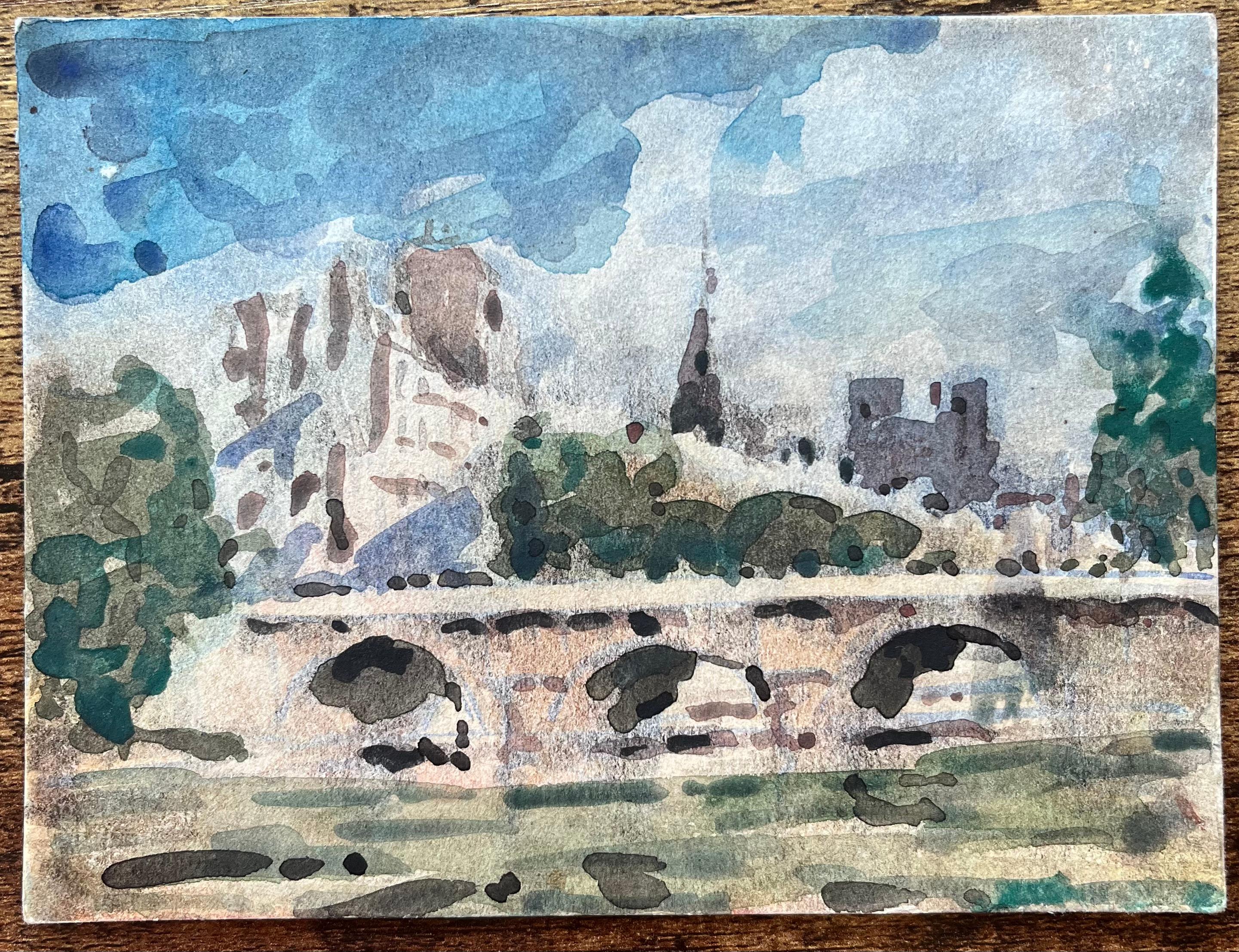 Acquerello impressionista francese di Notre-Dame e la Senna - Art di Maurice Mazeilie