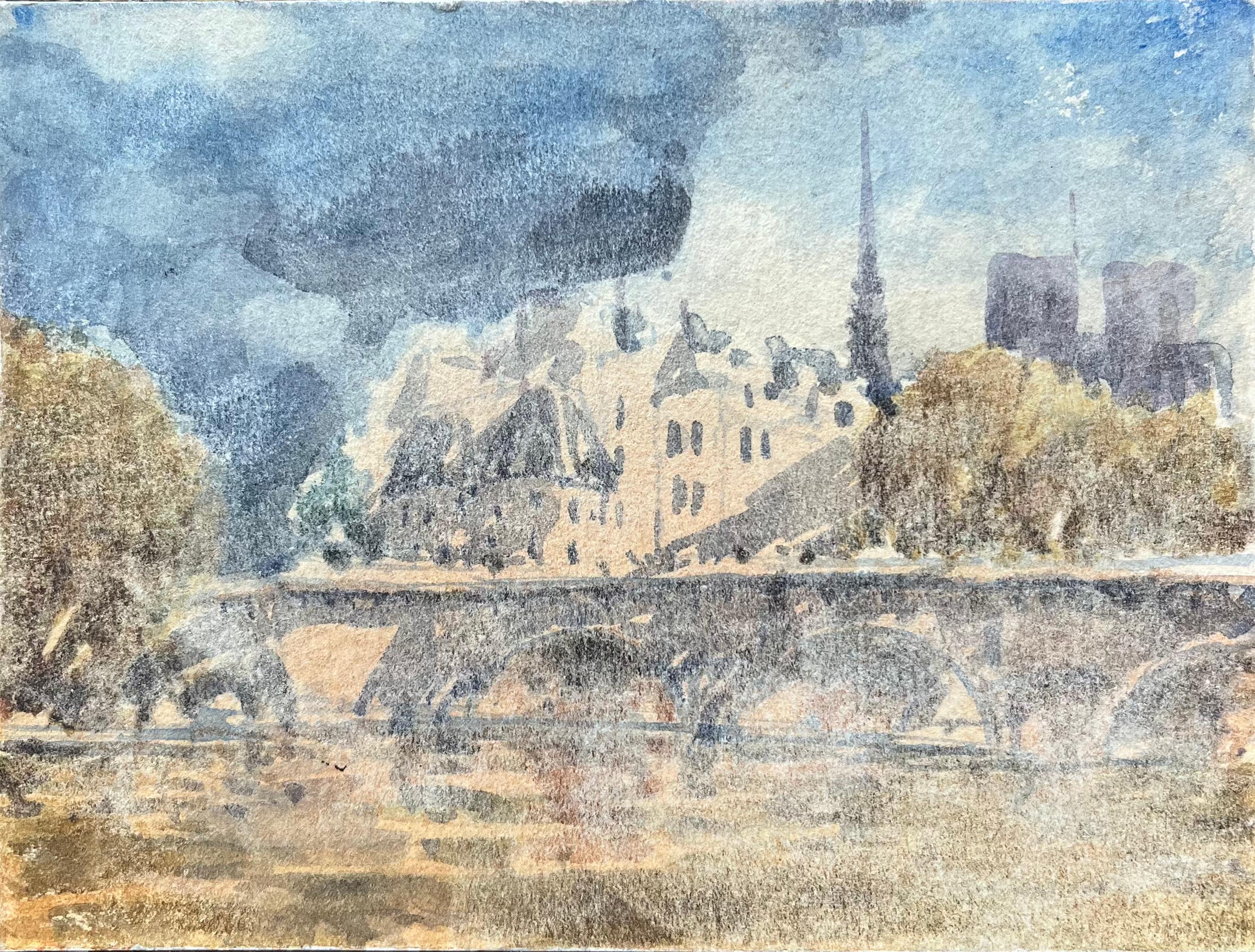 French Impressionist Watercolor of Notre-Dame and Île de la Cité